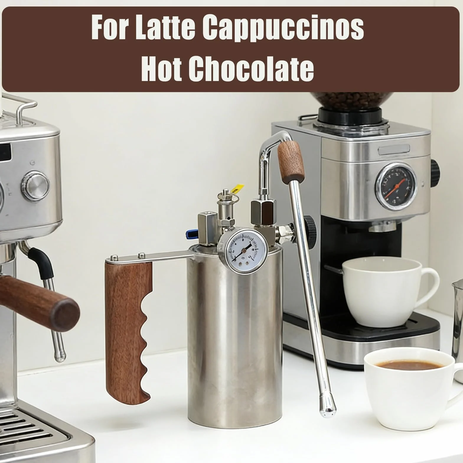 Espumador de leche comercial con manómetro de presión de aire y mango de madera, capacidad de 100-500 ml, para preparación de café con leche, capuchino y chocolate caliente