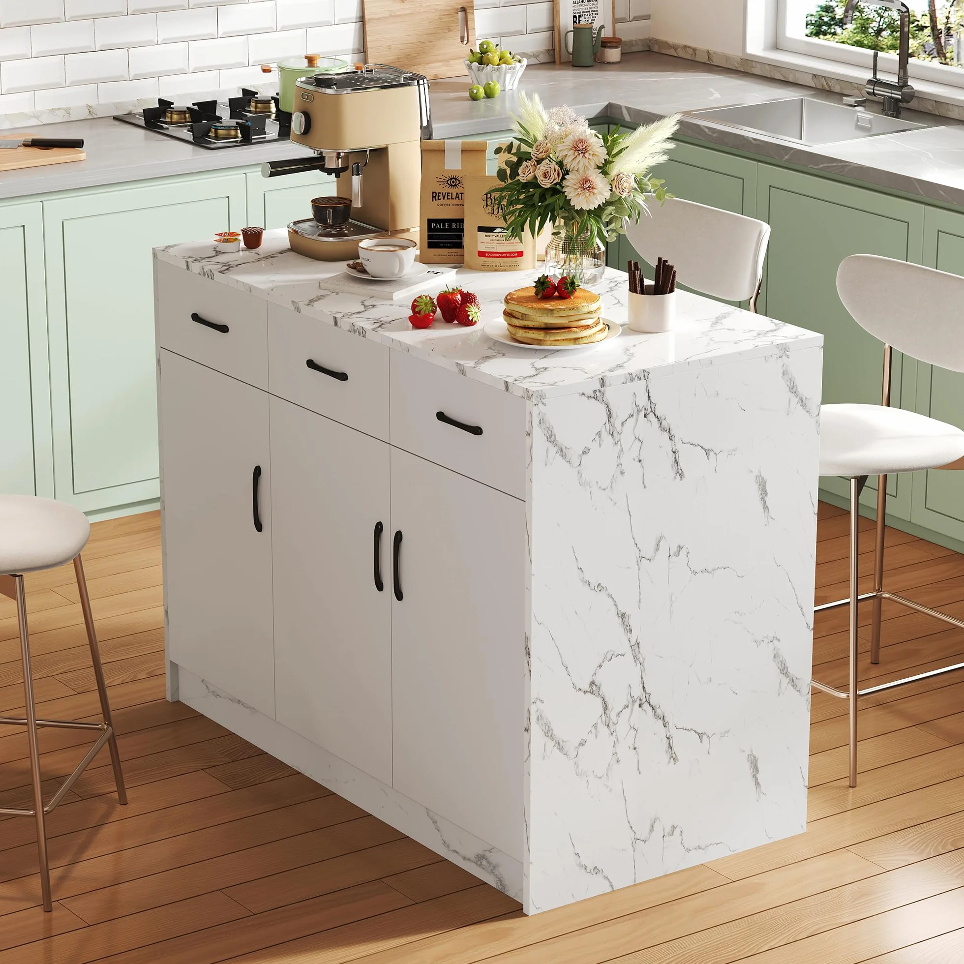 Isla de cocina grande 120 x 60 x 90,5 cm, 3 cajones y 3 puertas, diseño de mármol blanco, estantes ajustables, cajones silenciosos, diseño de área de bar - Utensilios de cocina elegantes y prácticos