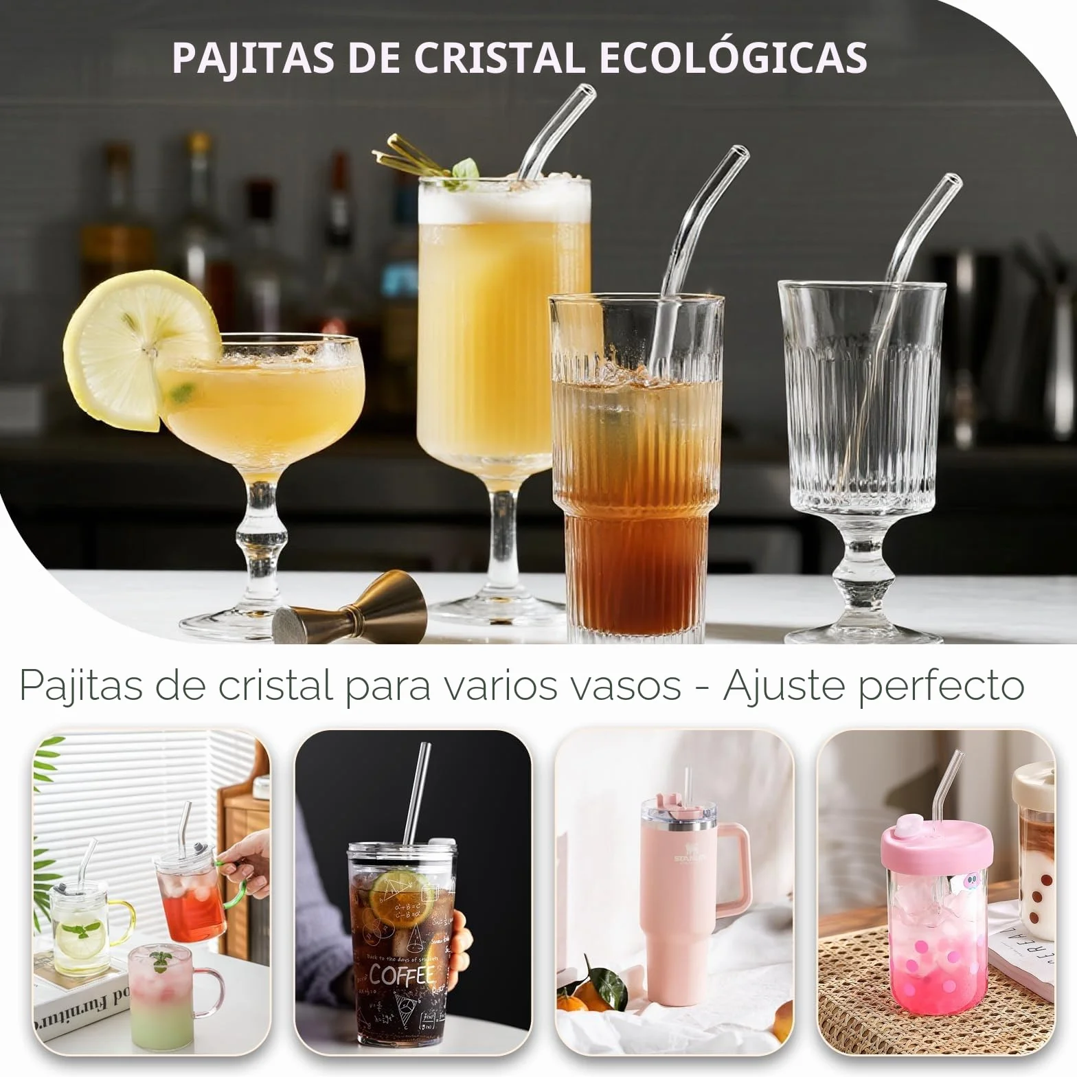 Paquete de 7 pajitas de vidrio transparente reutilizables (7.9 pulgadas) – Pajitas de borosilicato sin BPA, 3 rectas y 3 dobladas con cepillo de limpieza, aptas para lavavajillas, sin plástico