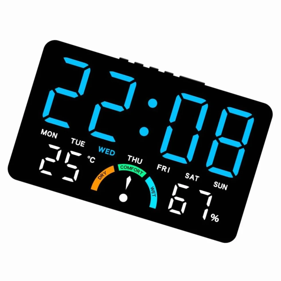 Reloj digital LED grande con indicadores de hora, humedad, temperatura, fecha, alarma y nivel de comodidad, diseñado para colgar en la pared o configuración plana (azul)