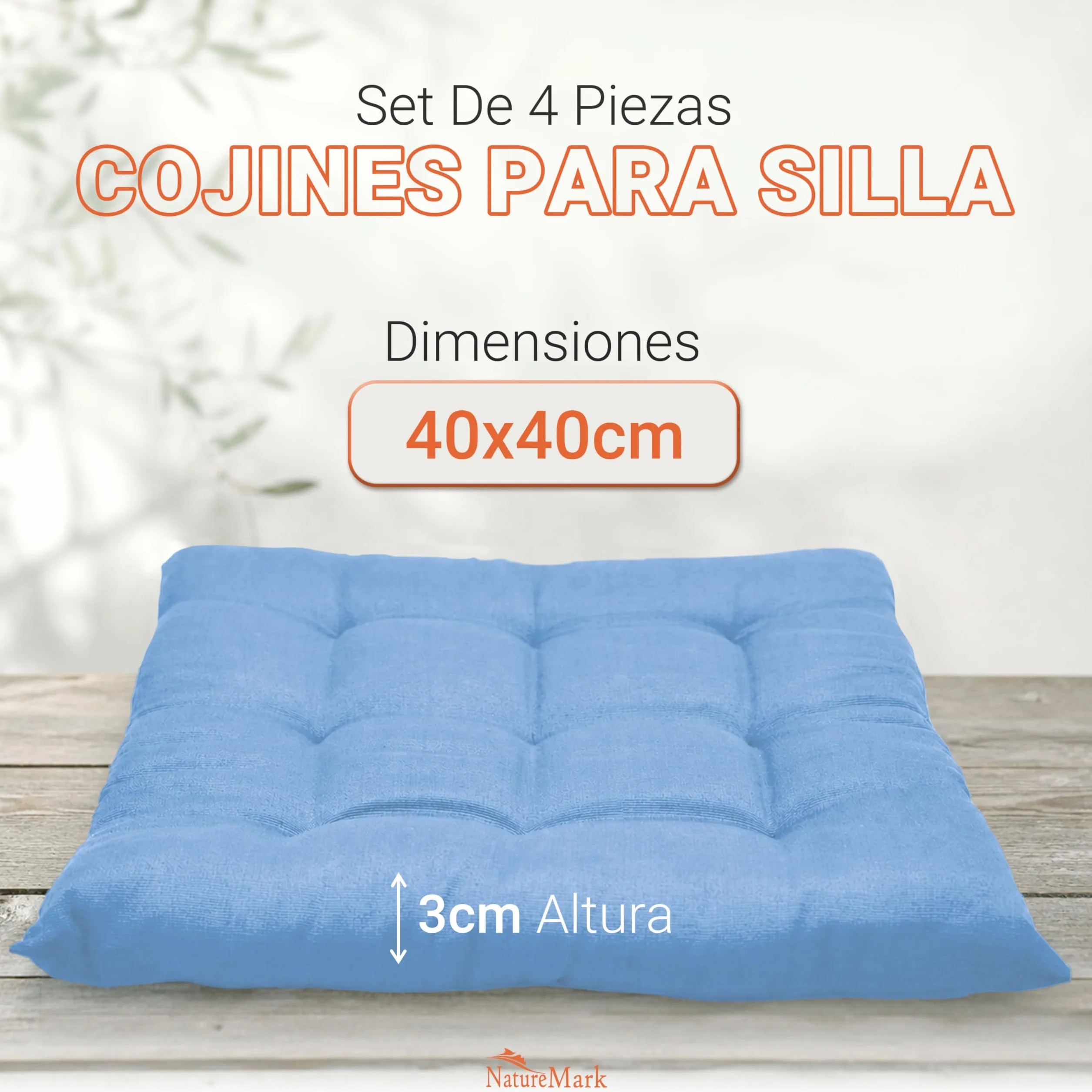 NatureMark Set de 4 Cojines para Sillas con Lazos 40x40 cm – Cojín de Asiento Relleno para Cocina, Jardín y Terraza – Color Azul Claro