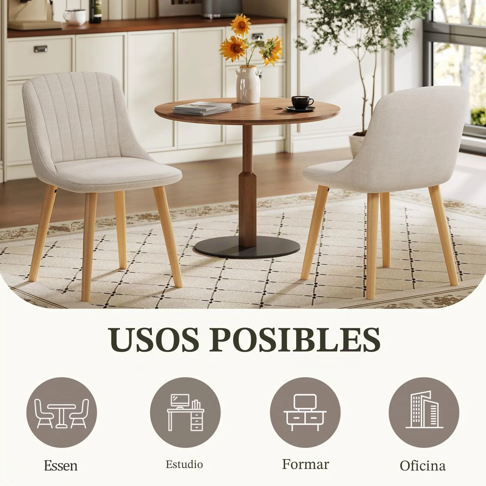 Silla Comedor Set 6 Cómodas Sillas Comedor Pata Madera Diseño Silla Tapizada Lino Beige
