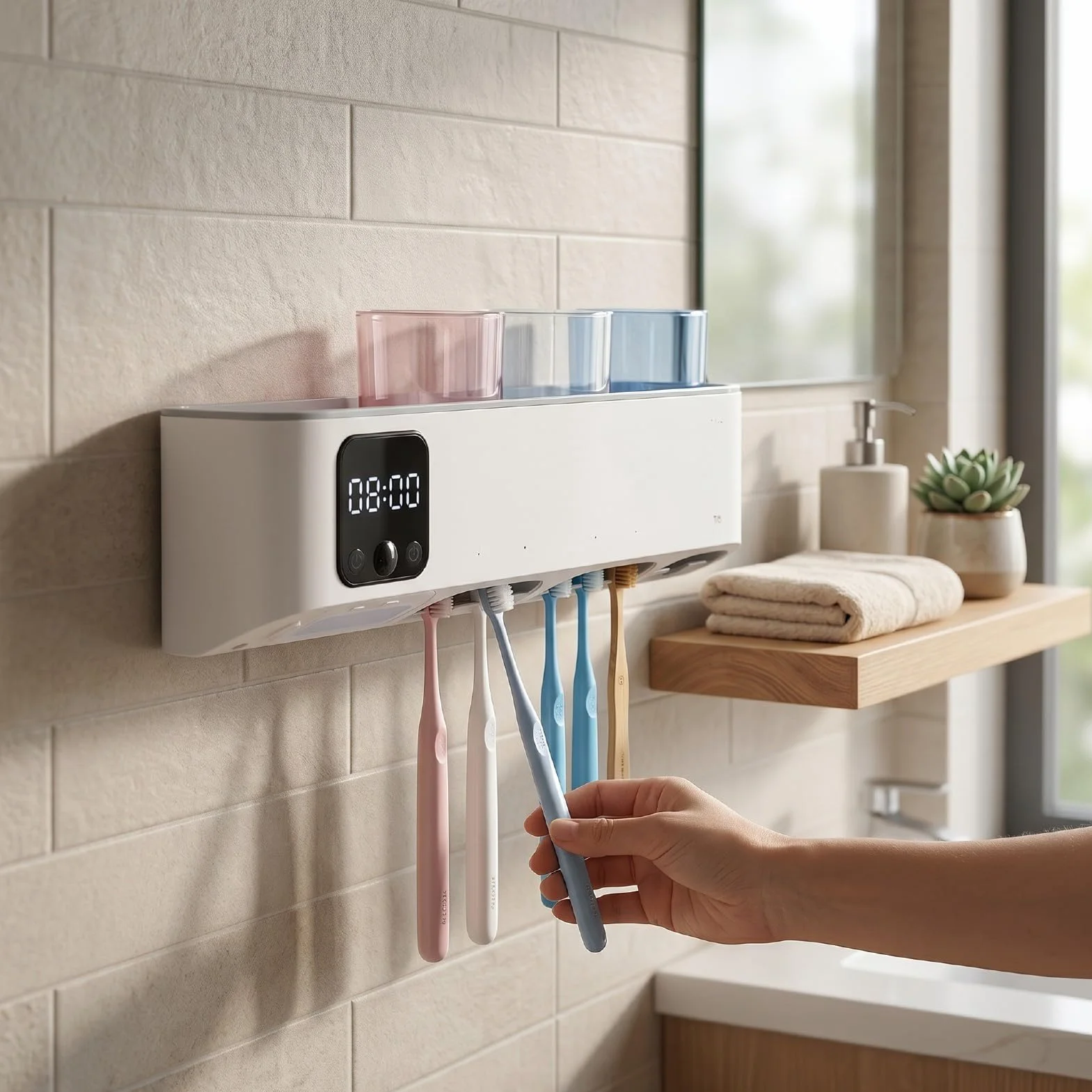 Soporte para Cepillo de Dientes Eléctrico, Desinfectante UVC con Ventilador de Secado Automático y Pantalla Táctil LED, Almacenamiento de Baño Montado en la Pared para 5 Cepillos de Dientes
