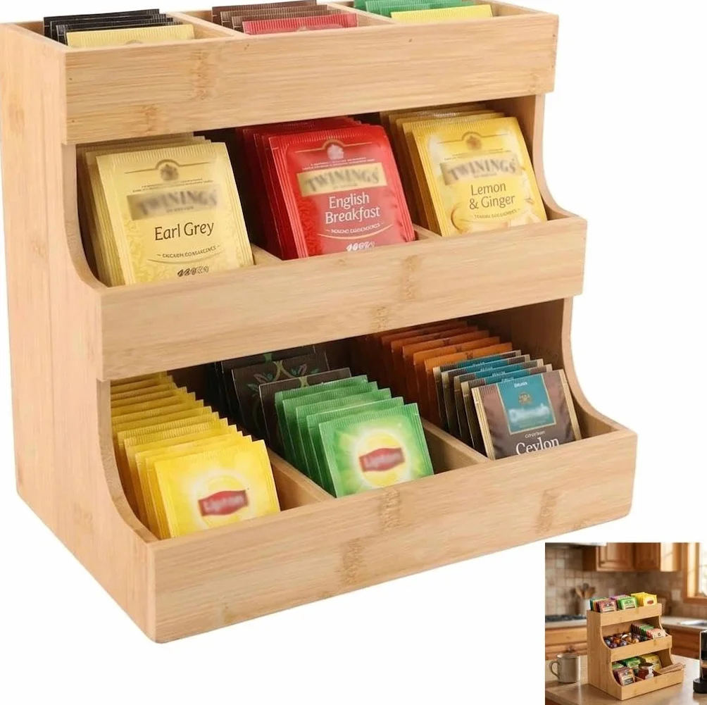 Bolsa de té, Organizador de té, Caja de té de Madera con 9 Compartimentos de Almacenamiento, cápsulas de café y Paquetes de azúcar, Organizador de Bolsas de té para el hogar, Cocina, Oficina y