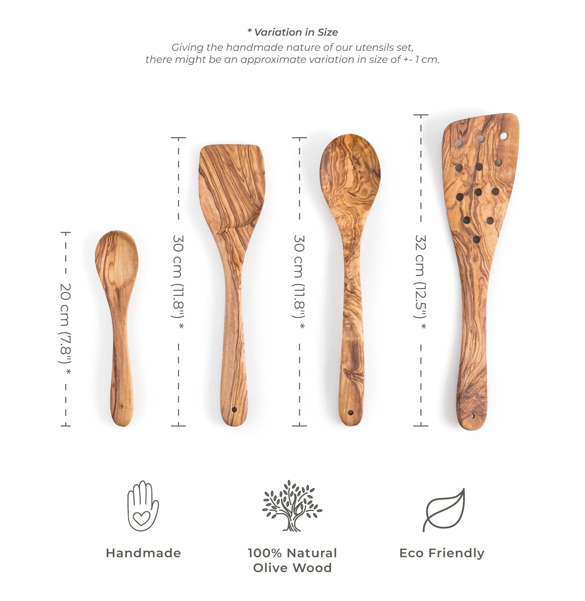 Set de 3 cucharas de cocina de madera de olivo Darido con cuchara extra pequeña - 30 cm - hecho a mano - resistente al calor - Utensilios - cuchara, espátula, espátula ranurada y cuchara pequeña