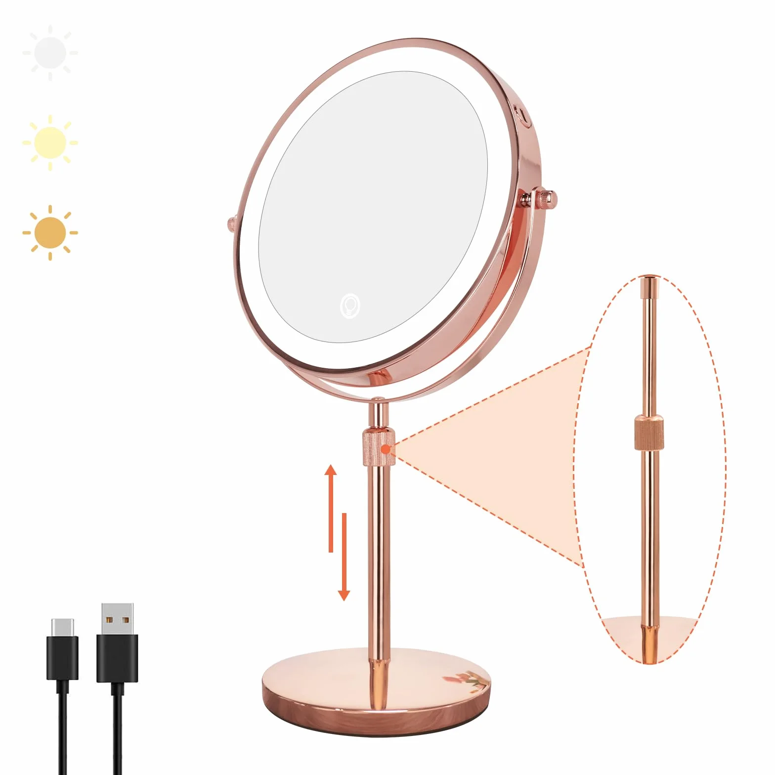 Nicesail Espejo de Maquillaje LED de 10 aumentos, Espejo de Aumento de luz de 8 Pulgadas con luz de 3 Colores, Espejo de tocador de Brillo Ajustable con Soporte, rotación de 360 Grados de Doble Cara | Espejo de tocador con soporte de rotación de 360 grado