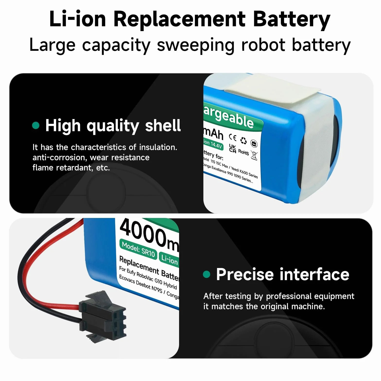 4000mAh 14,4V Batería para Conga 990 1090 1790,Conga 2290 Ultra,Venga RVC 3000, Neatsvor x500,Ikonhs netbot S14/S15,Proscenic 850T, Ultenic D5/D5s,Tesvor S6/X500,Eufy RoboVac 11s/30c/G10