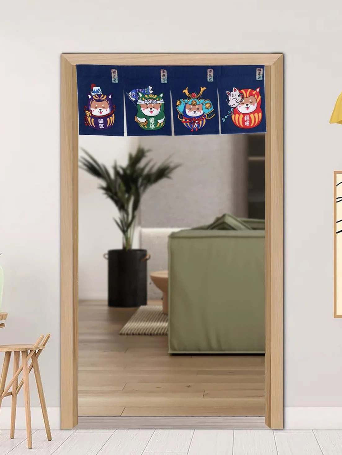 CoolChange Cortina japonesa para puerta, 85 x 30 cm, puerta Noren de tela (azul, 85 x 30 cm, Daruma con Shiba Inu)
