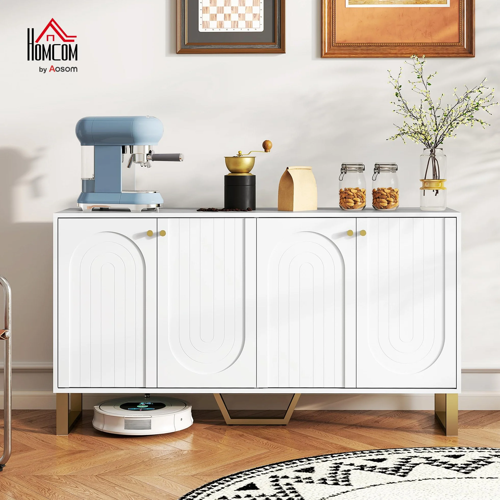 HOMCOM Aparador 4 Puertas Aparador para Salón Moderno con Estantes Ajustables y Patas Doradas para Comedor Entrada Mueble para TV hasta 65 Pulgadas Blanco 140,8x35x77,5 cm