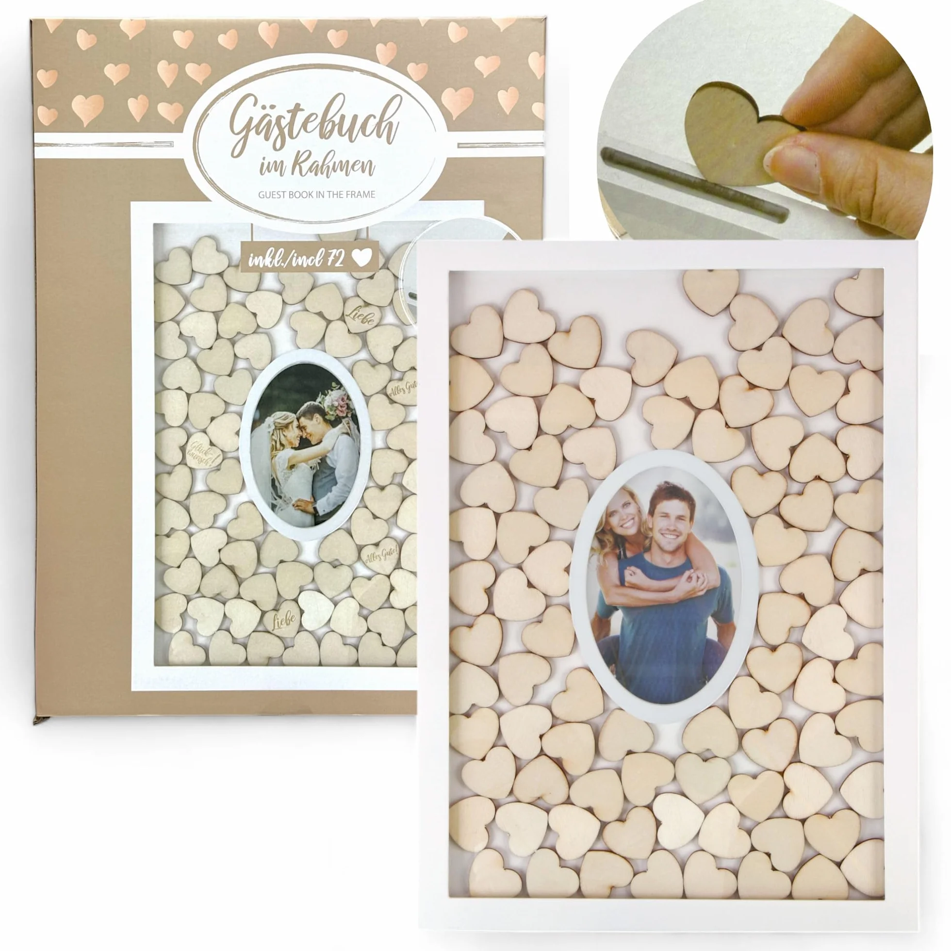 MIJOMA Marco de fotos de libro de visitas, recuerdo con 72 corazones de madera, para bodas y fiestas, color blanco y natural