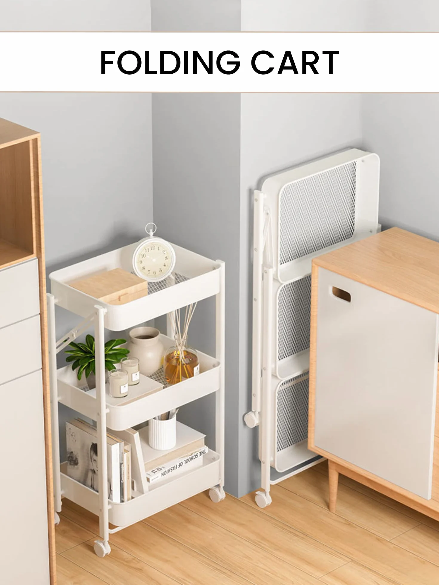 Carrito de Cocina Auxiliar. Carro Verdulero Plegable, Multiusos. Estantería de Cocina con Ruedas. Carro de Servicio con 3 Niveles de Almacenaje para el Hogar, Baño, Salón, Terraza, Manualidades.