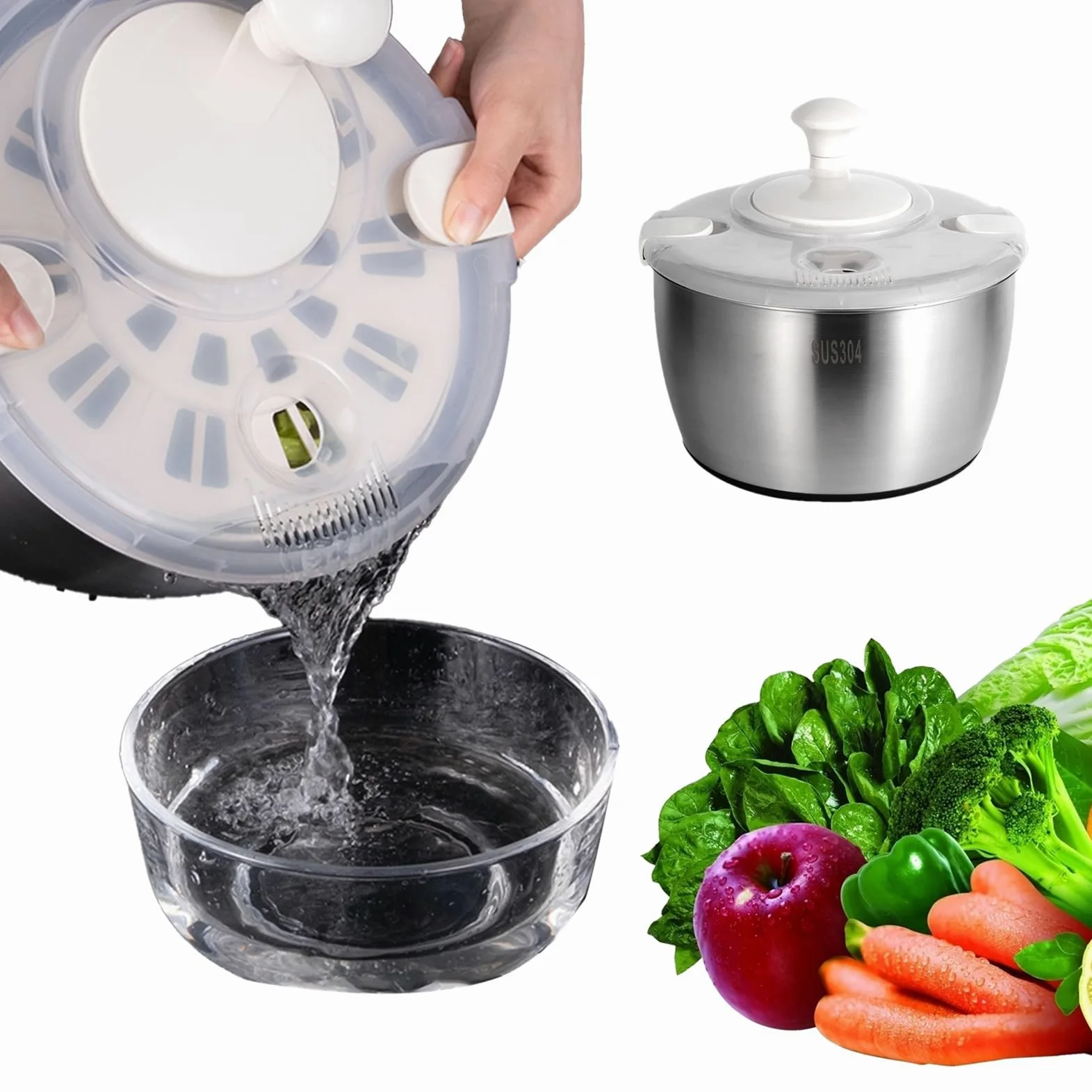 Secador de frutas, secador de ensalada, lechuga, fruta, verduras con mango | giratorio, acero inoxidable, utensilios de cocina