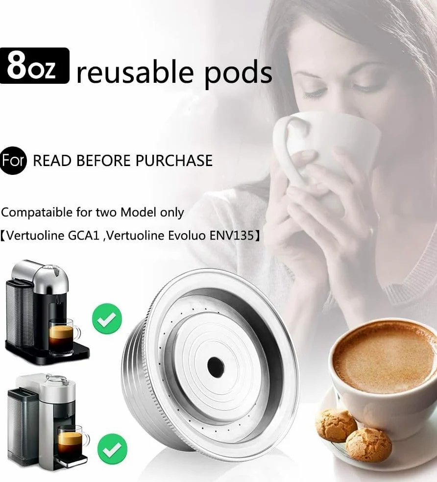 Cápsulas de café recargables de acero inoxidable reutilizables (8 onzas, 240 ml), compatibles con cápsulas Nespresso Vertuo Espresso, cápsulas recargables, 1 cuchara reutilizable, 1 cepillo (plata)