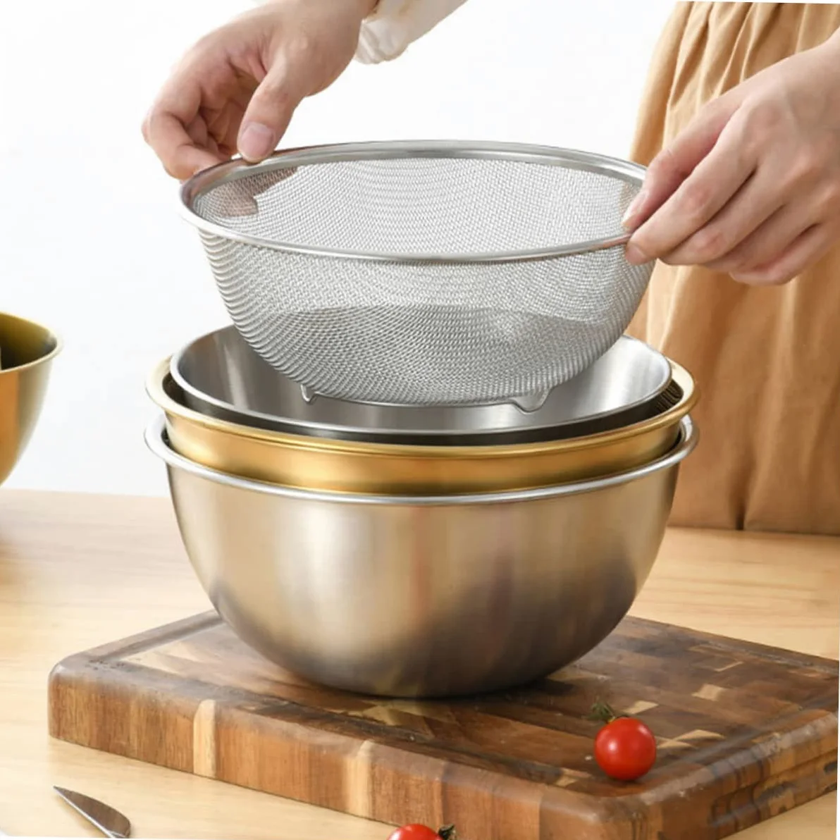 Juego de Colador de Acero Inoxidable para Cocina, 2 Piezas | Malla Fina, Base Plana y Drenaje Estable, Apto para Verduras y Huevos, Acabado Plata