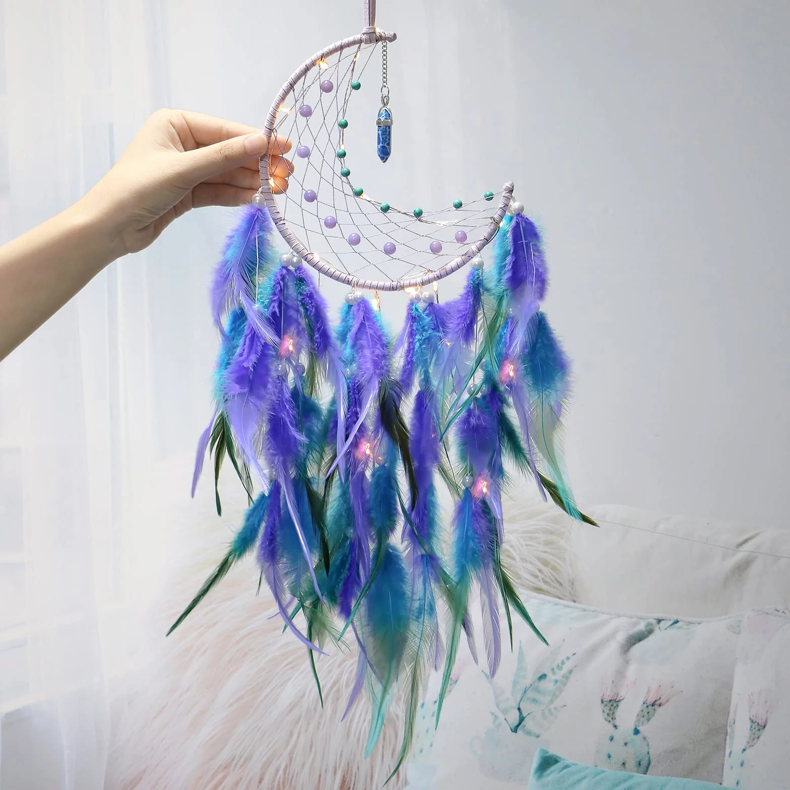Dremisland Luna Atrapasueños LED con Plumas Hecho a Mano Dream Catcher Turquesa Colgante de Pared Adorno para decoración Hogar Dormitorio Regalo Artesanal (Azul & Púrpura)