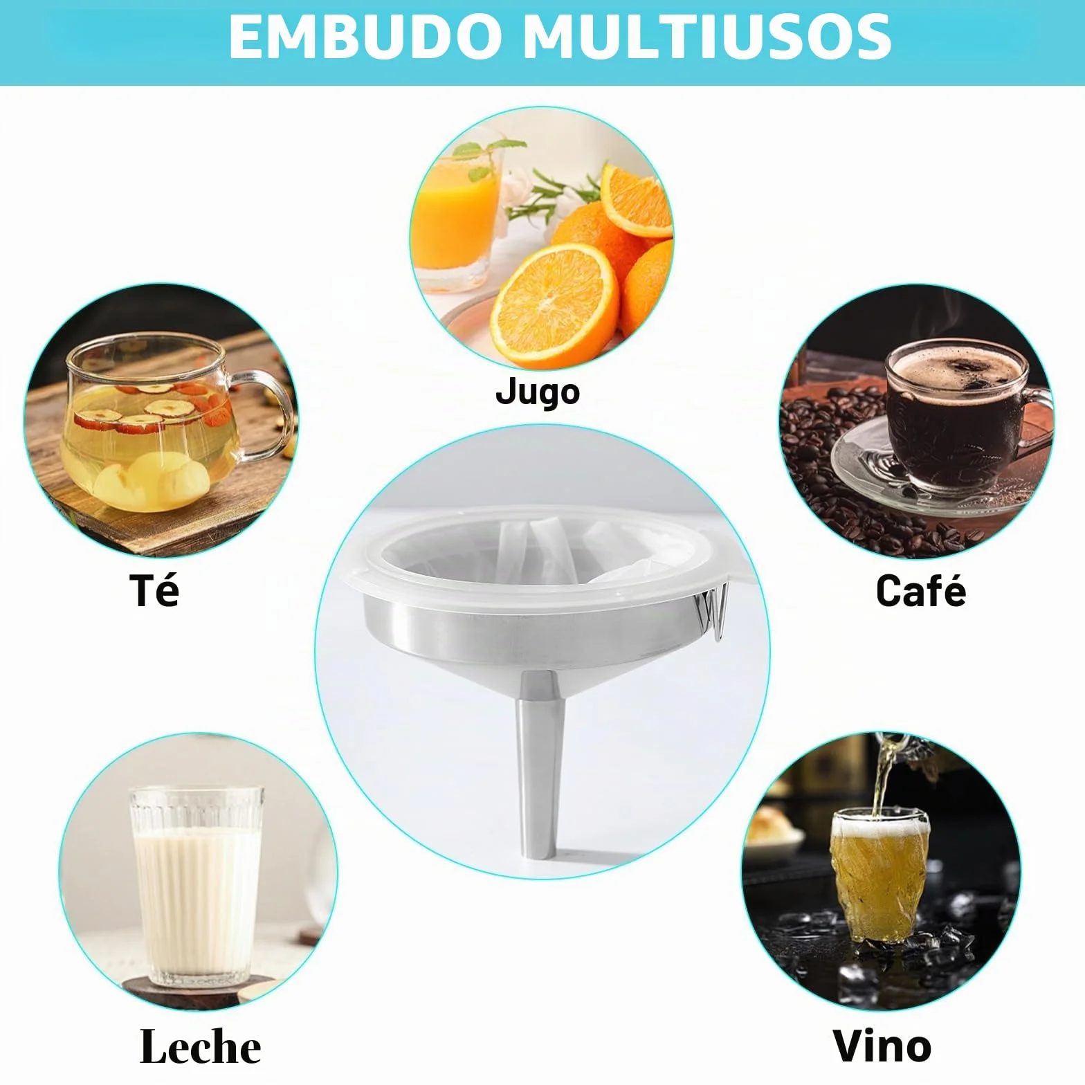 Gucass Juego de 9 Embudos de Acero Inoxidable Con Mango, Colador y Filtro de Malla 200, Cepillo de Limpieza, Set Embudo de Cocina Para Mermelada, Especias y Líquidos - 5.7/8/10/12/14 cm