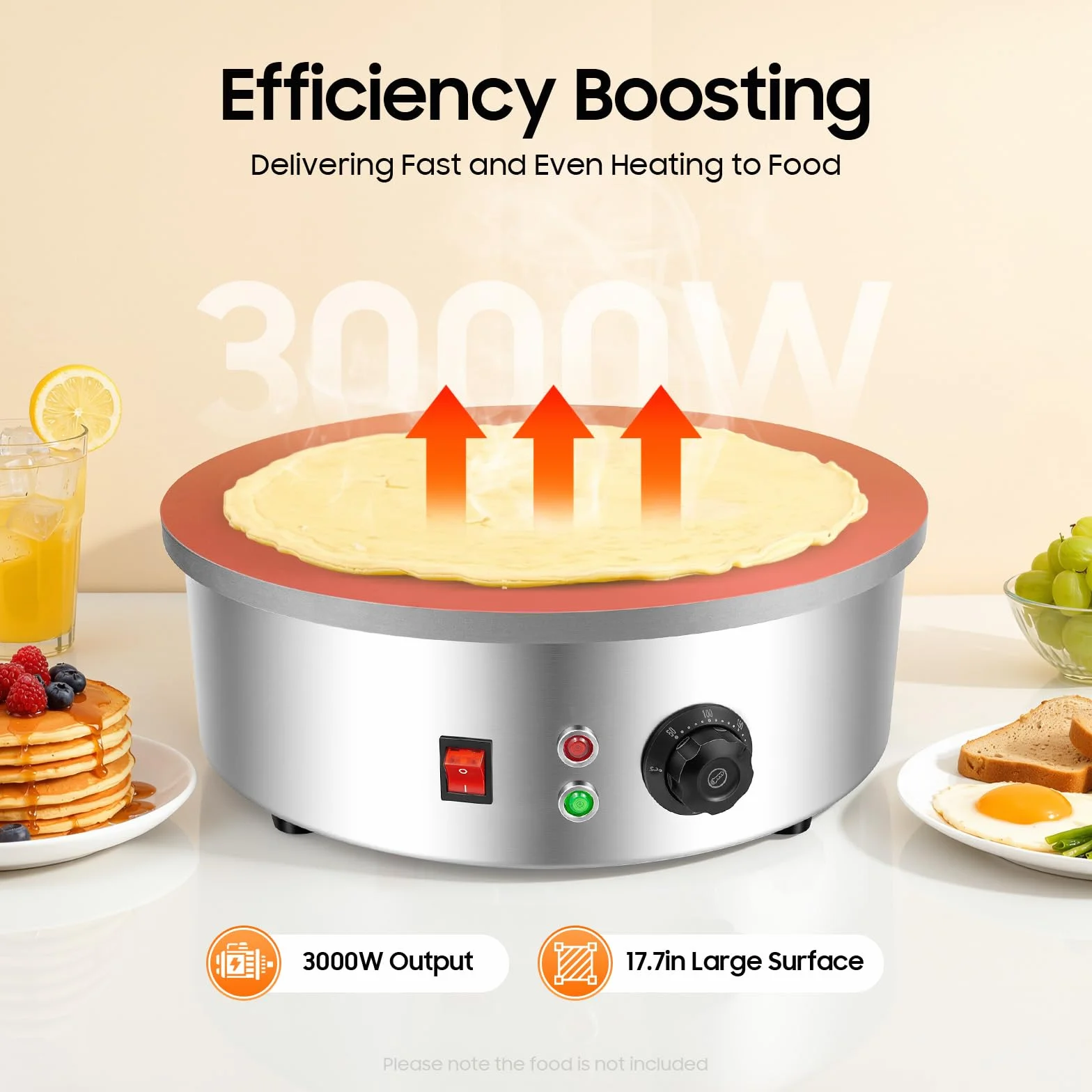 45 cm Crepes eléctrico 3000 W Gastro – Plancha profesional de hierro fundido para crepes Gözleme, Yufka & Pancakes – Máquina para crepes 50 – 300 °C, con espátula y distribuidor