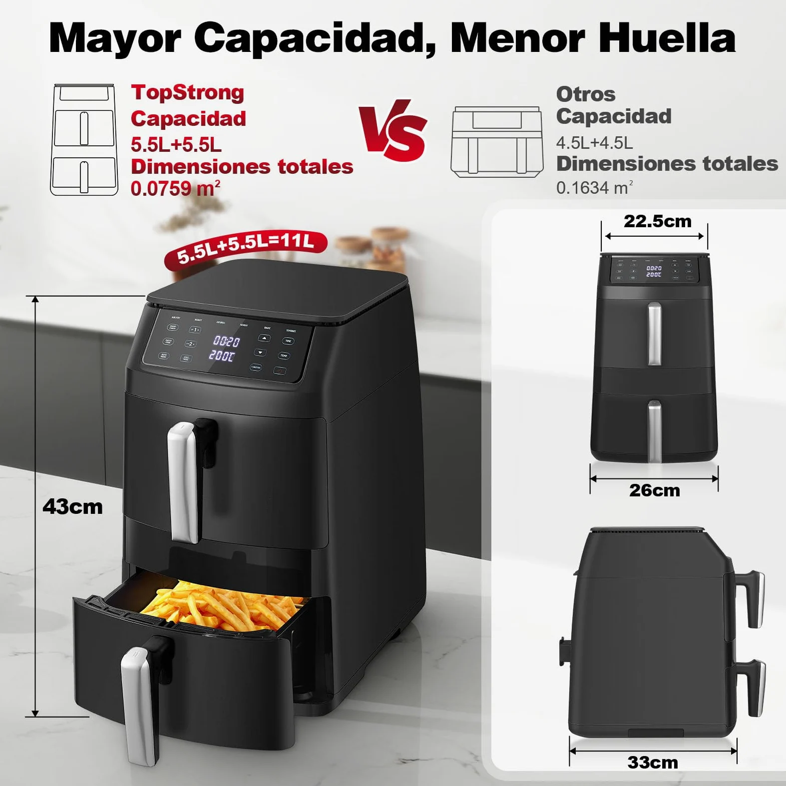 TopStrong Freidora de Aire XXL 11L, Air Fryer Doble Cesta Apilada, Freidora de Aire Doble Resistencia, 2500W, 6 Funciones, 8 Recetas, Lavavajillas, Ahorro Energético