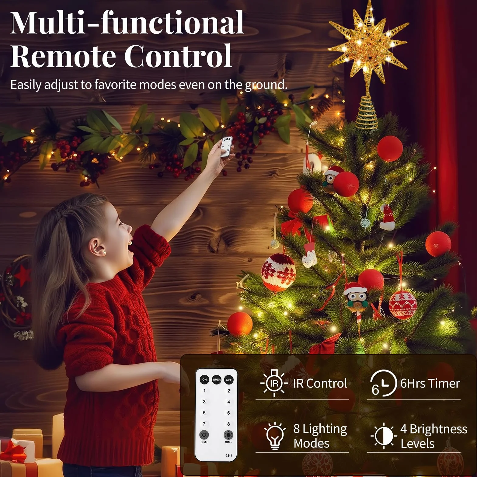 Lewondr Estrella para Árbol de Navidad, 11" Enchufable y Control Remoto Estrella de Copa Geométrica 3D Iluminada para Decoración Navideña, Función Temporizador y Cable 5m, Luz Cálida, Oro