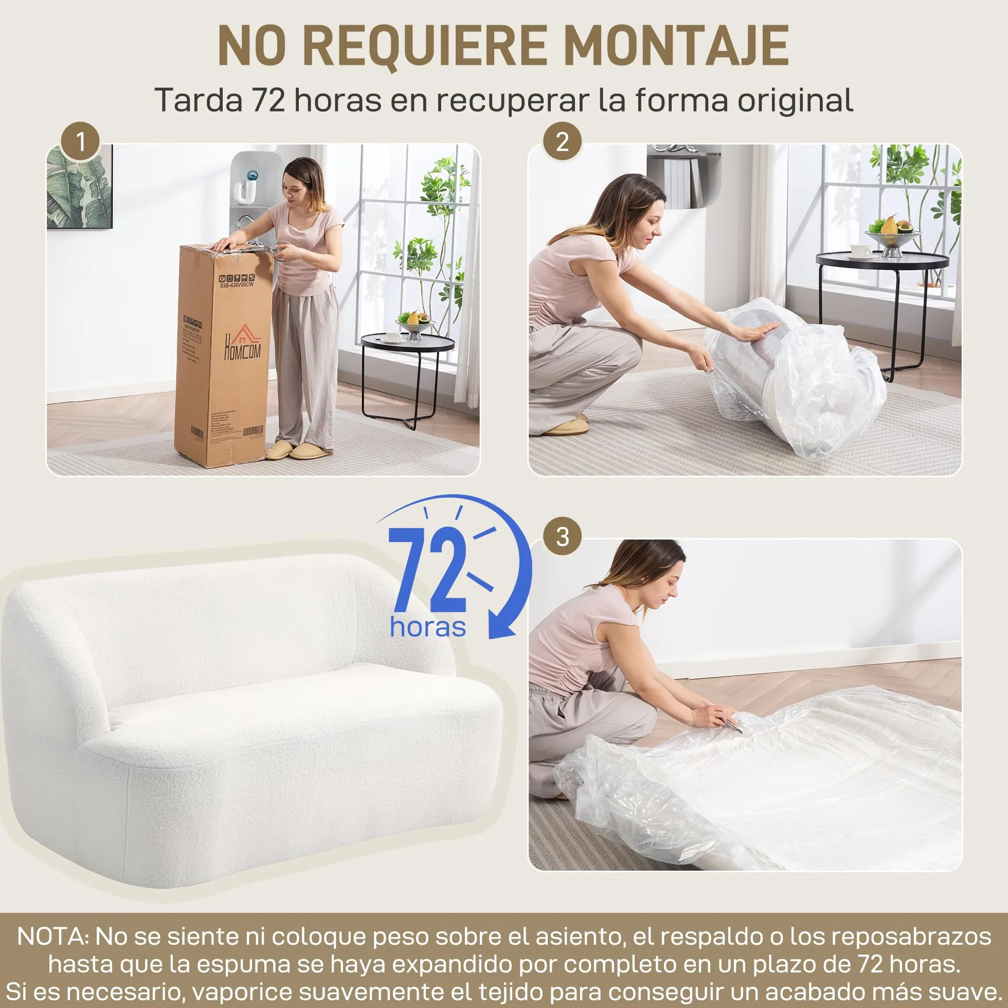 HOMCOM Sofá de 2 Plazas Tapizado en Borreguito Sofá de Salón de 142 cm con Diseño Curvo Acolchado Grueso No Requiere Montaje para Dormitorio Sala de Estar Oficina Crema