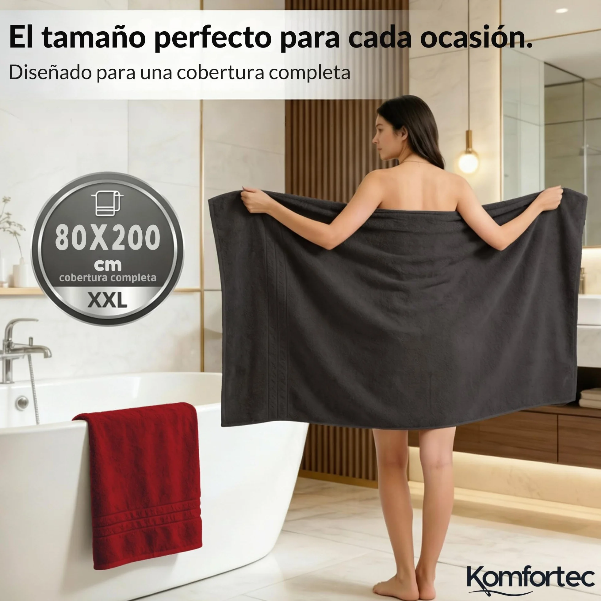 Komfortec Juego de 2 Toallas de Sauna 80 x 200 cm, 100% Algodón, Toallas XXL para Sauna, Suaves, Grandes, de Rizo y de Secado Rápido, Negro/Rojo