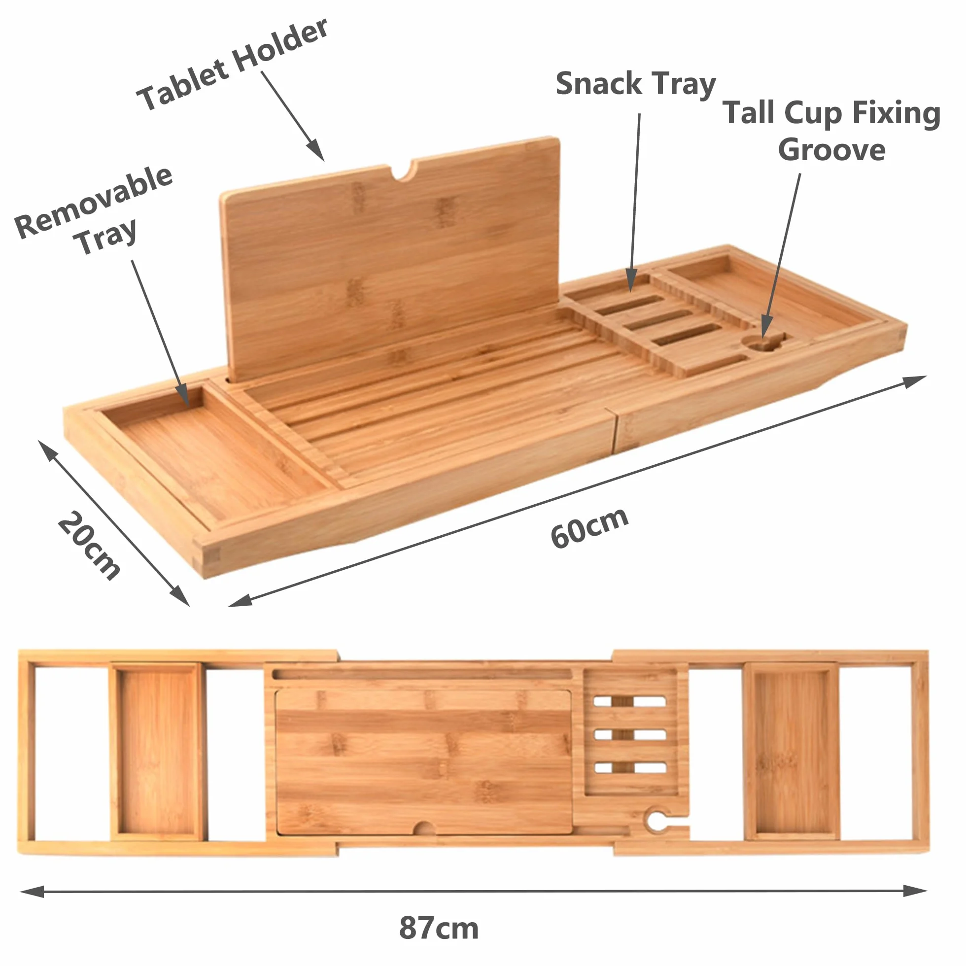 Bandejas de Baño, Bandeja para Bañera Extensible, Bandeja de Bambú para Bañera, Bandeja de Bañera de Madera con Ranura para Copas de Vino, Rejilla para Tableta y Bandeja de Bambú Extraíble