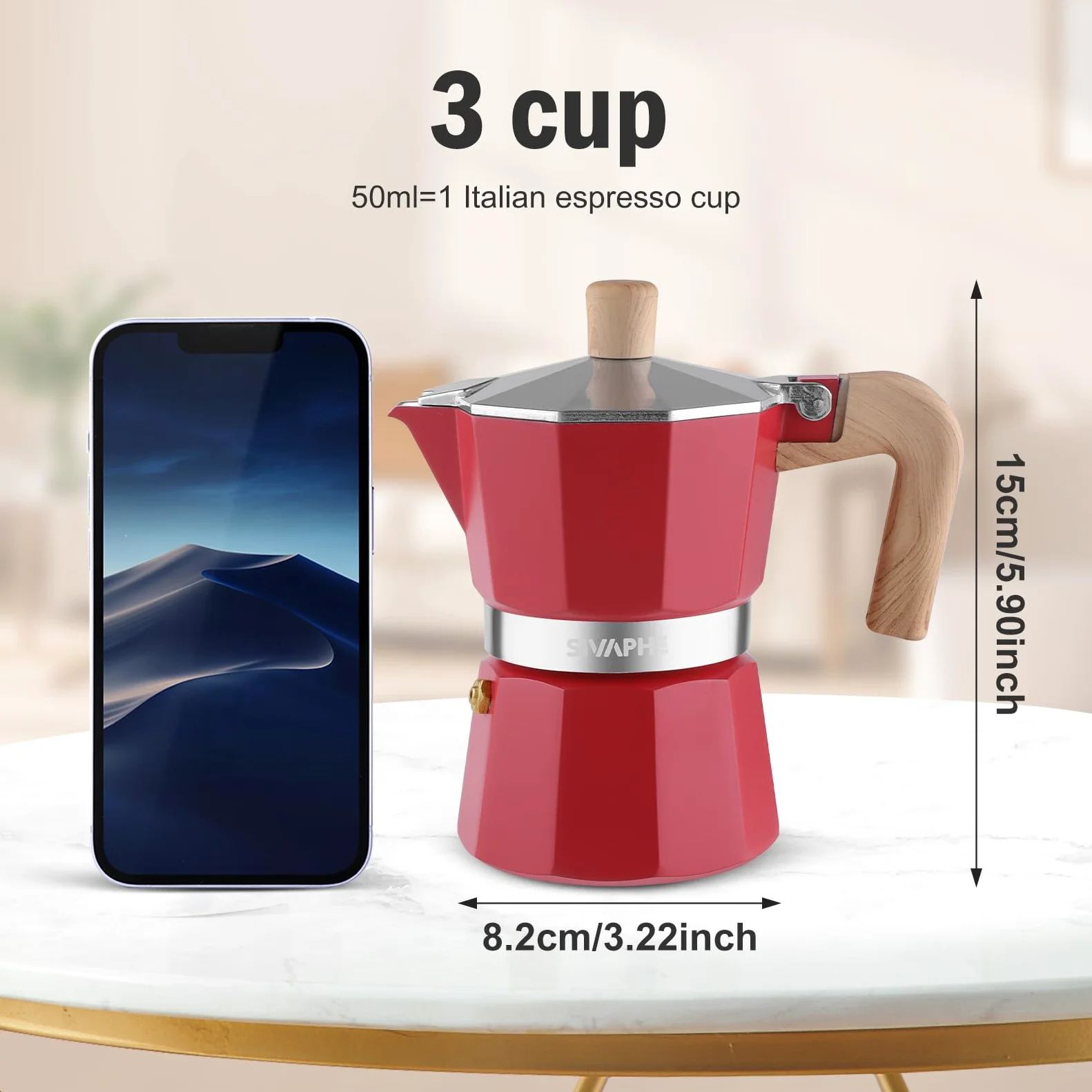 Sivaphe Olla Moka de aluminio con 3 tazas de espresso, cafetera y espresso percoladora, cafetera portátil italiana y cubana para el hogar y camping, color rojo