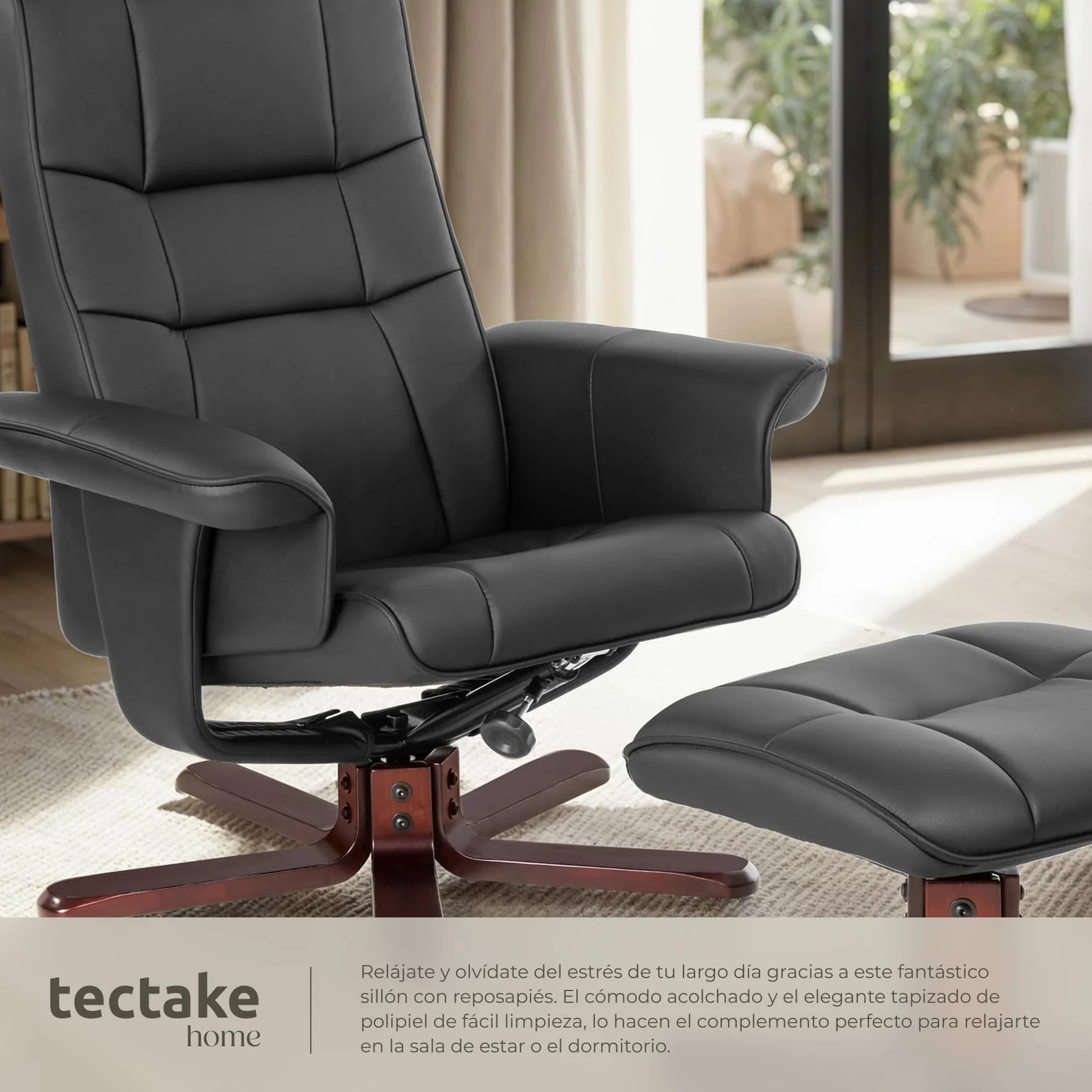 tectake® sillón Relax reclinable con Taburete, Respaldo oscilante y 360° Giratorio, cómodo Acolchado con Funda de Cuero sintético, Ideal para salón, Dormitorio o Lectura - Negro/Marrón