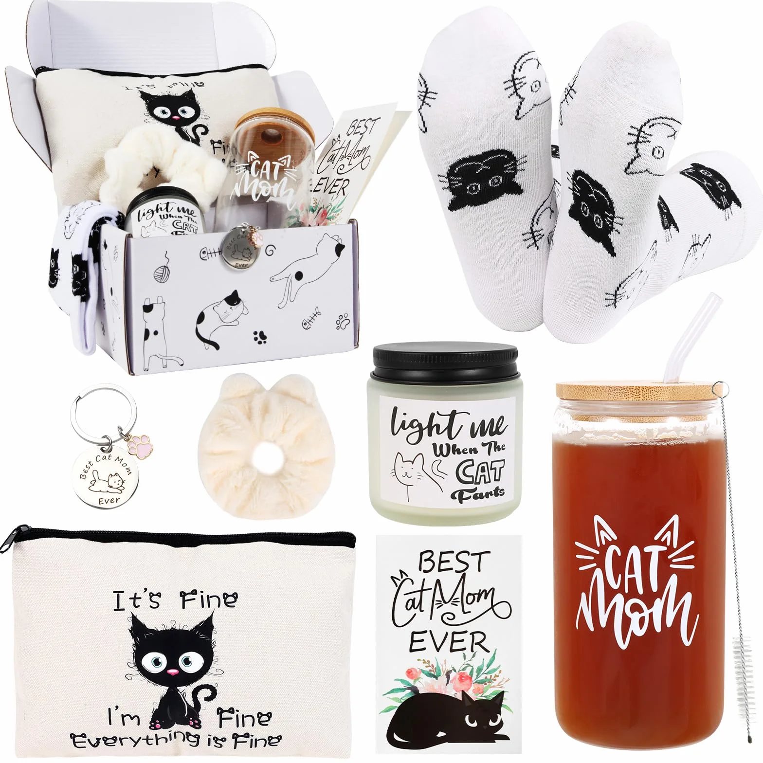 LiYiQ Regalos para amantes de los gatos para mujeres, regalos para mamá de gato, artículos esenciales para mujer loca: bolsa de maquillaje, calcetines, coleteros, tarjetas de felicitación, perfecto