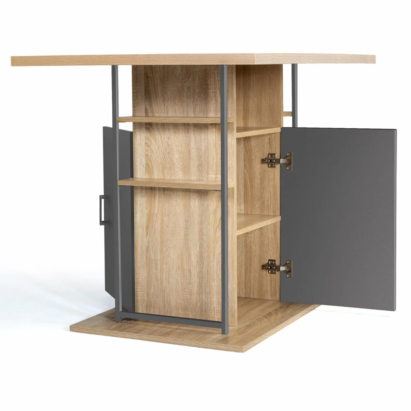 IDMarket – Ilot Central UGO 110 cm Madera Gris e Imitación Haya con Almacenamiento Diseño Industrial