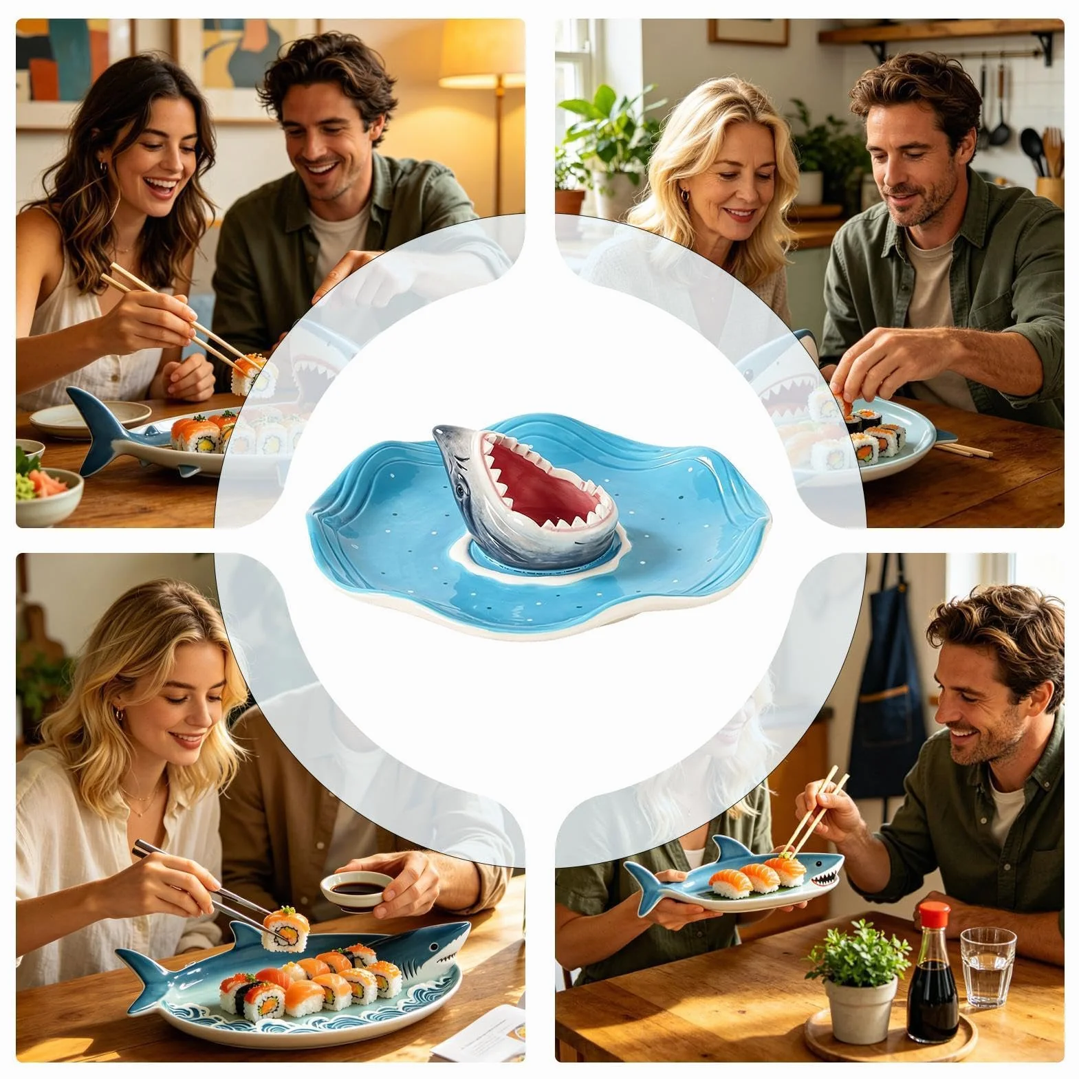 Bandeja de Tiburón para Sushi Plato de Cerámica Pintado a Mano para | Cuenco para Salsas y Aliños Para Charcutería, Queso, Hamburguesa, Gambas, Sardinas, Aperitivos, Palomitas,