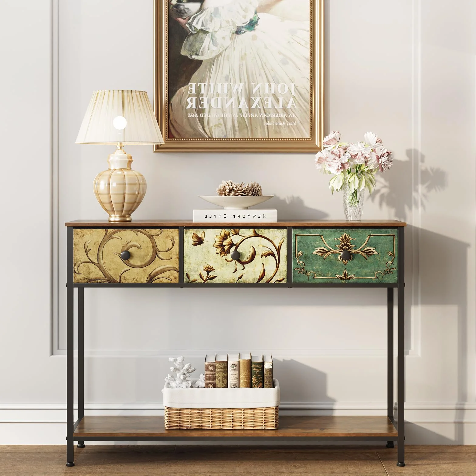 VEDECASA Mesa consola mesa auxiliar con 3 cajones de tela, mesa de pasillo con estantes de almacenamiento abiertos, mesa de entrada, mesa de sofá para pasillo, salón, dormitorio, madera, marco de