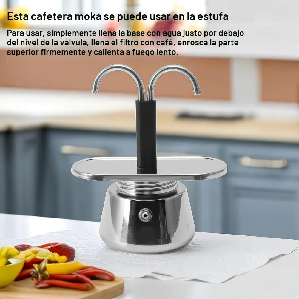 Topyond Moka Pot, 2 Tazas 100ml Acero Inoxidable de Doble Cabeza, Cafetera Espresso para Estufa Cafetera Italiana Clásica para Hacer Café, Conducto DIY