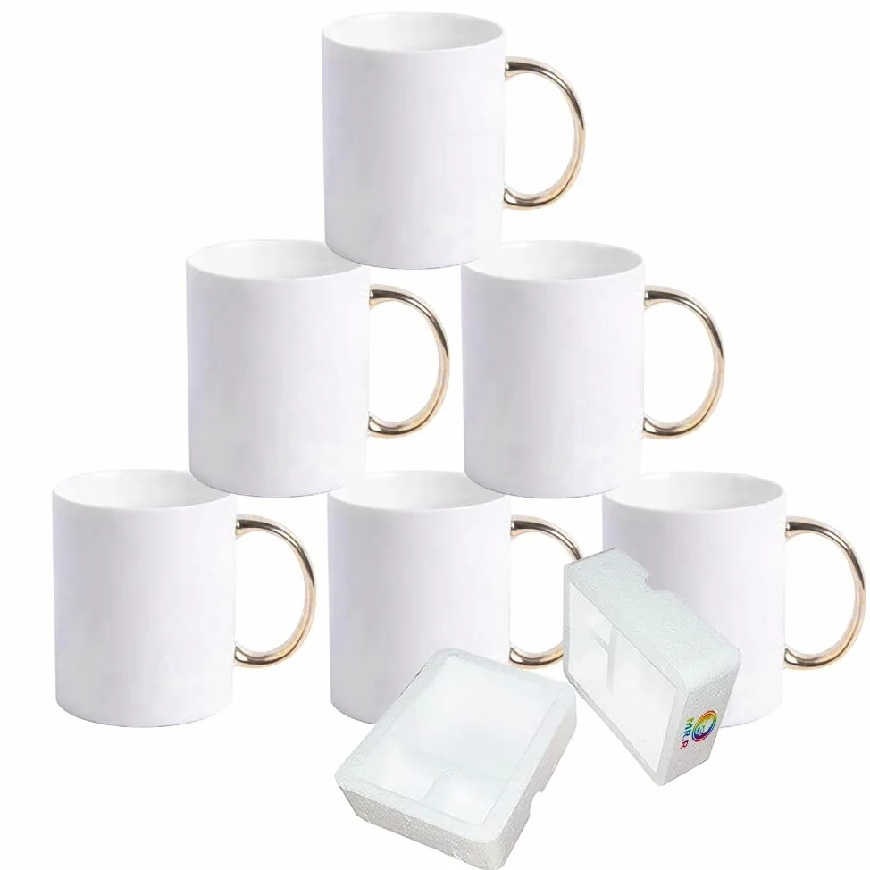 MR.R Grade AAA Sublimation Blanks Lavavajillas Tazas de café de cerámica blanca con mango dorado 11 oz Taza de bebida clásica de cerámica en blanco para té con leche Cola Agua Juego de 6