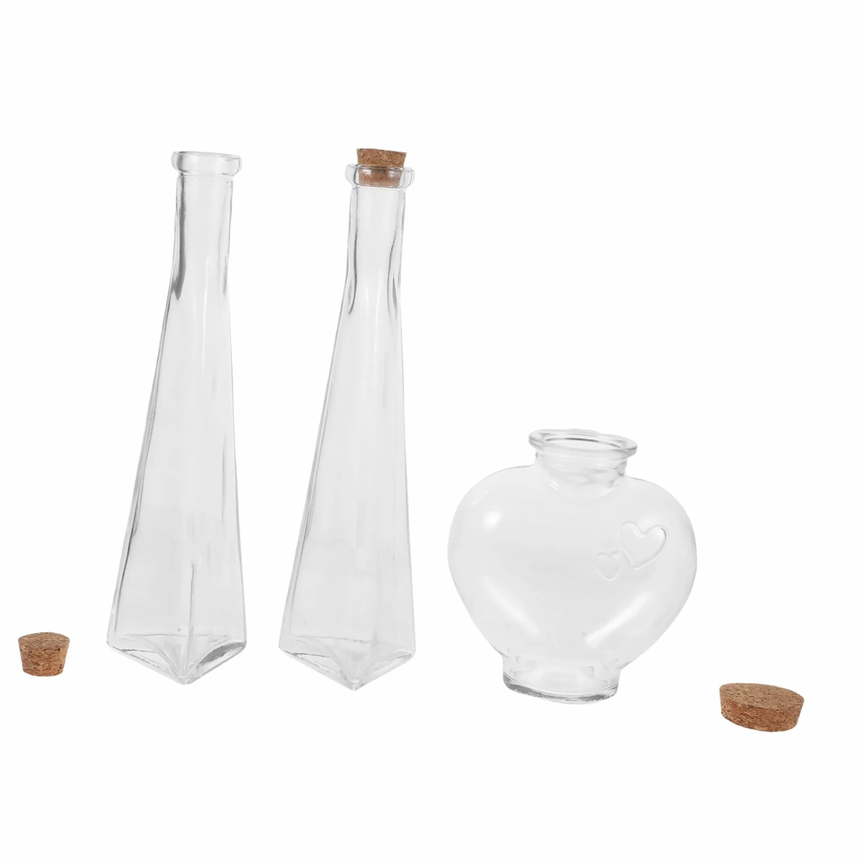 Juego de 3 Botellas Decorativas de Vidrio para Marco Ceremonia Arena Forma de Corazón y Prisma, Ideales para Boda y Uso DIY