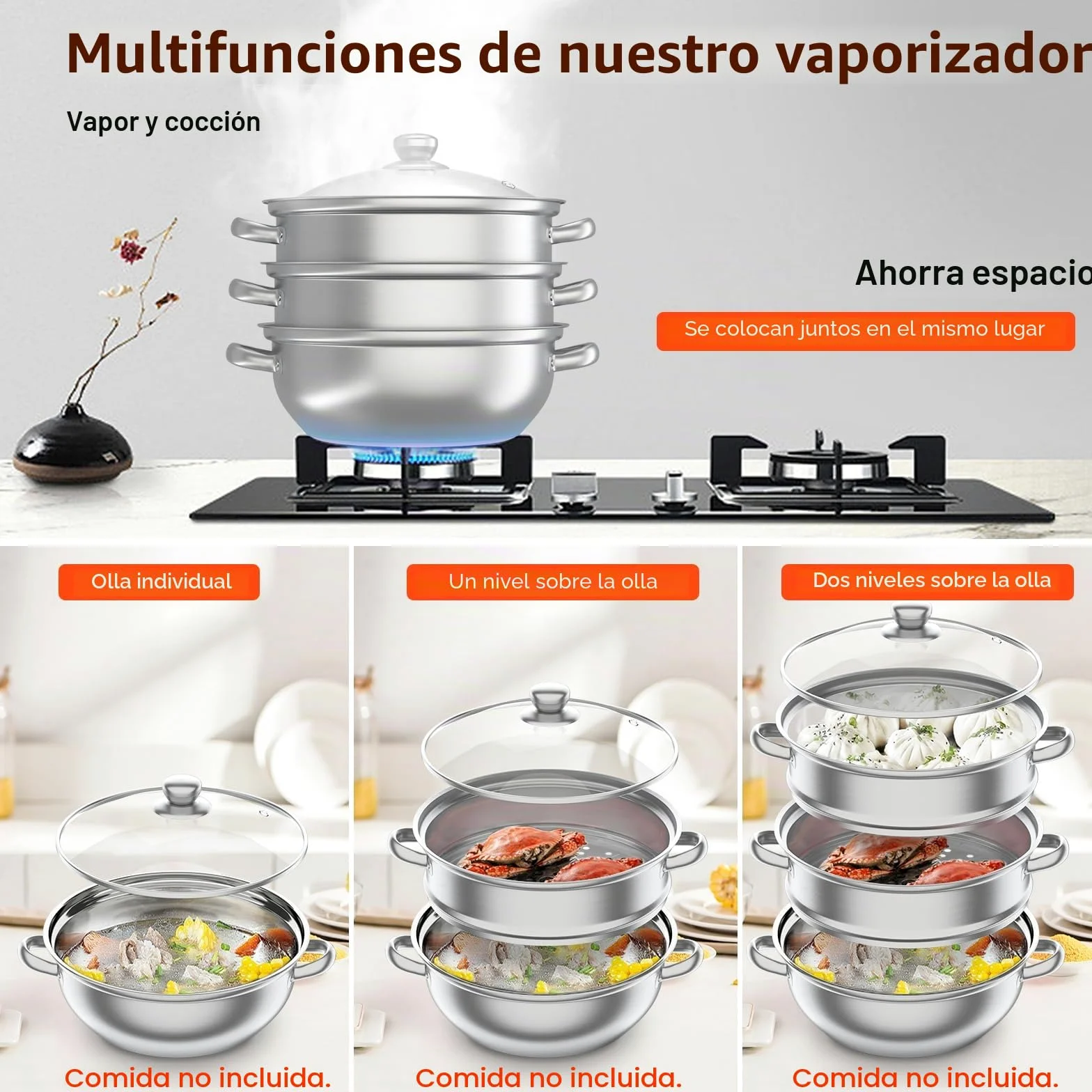 MINRS Olla de vapor de 3 capas, Vaporera para Olla, con tapa de cristal, 28 cm, acero inoxidable, multifunción, para cocinas de inducción, estufas eléctricas de cerámica, hornos eléctricos o de gas