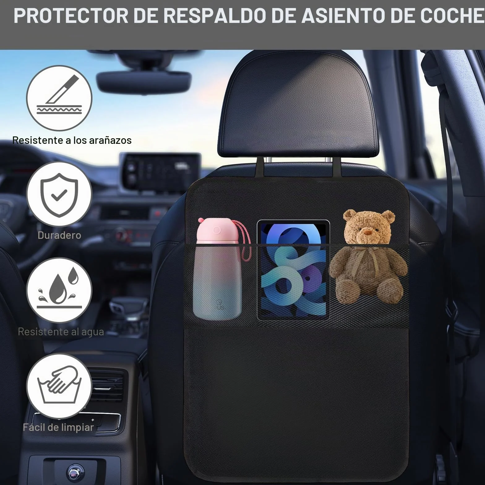 Protector de Asiento de Coche Resistente al Agua, 2 Piezas 45 x 60 cm Asiento de Coche con 2 Bolsillos de Malla, Protección para la Parte Trasera de los Asientos Delanteros