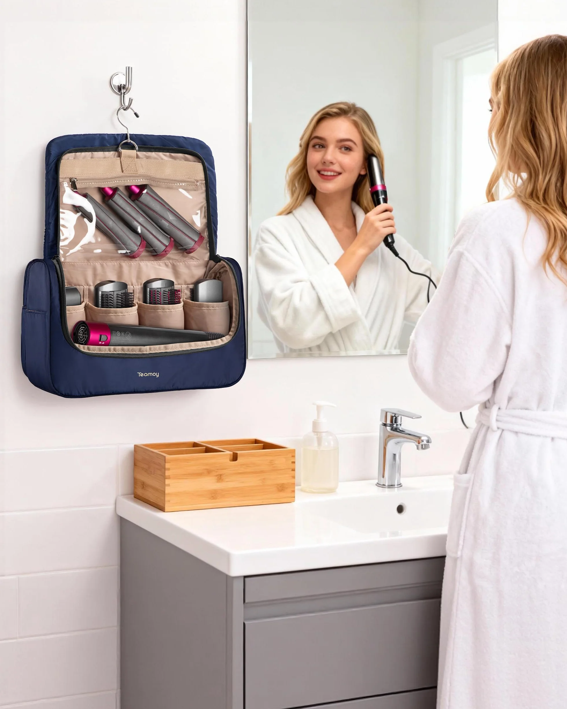 Teamoy Bolsa de Almacenamiento de Viaje Compatible con Dyson Airwrap, Organizador Portátil, Cilindro Largo, Azul Oscuro