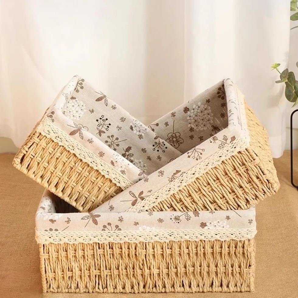 Juego de 3 Cestas de Almacenamiento Trenzadas | para Casa,Oficina,Baño y Dormitorio,Decoración Bohemia,Diseño de Forro de Tela