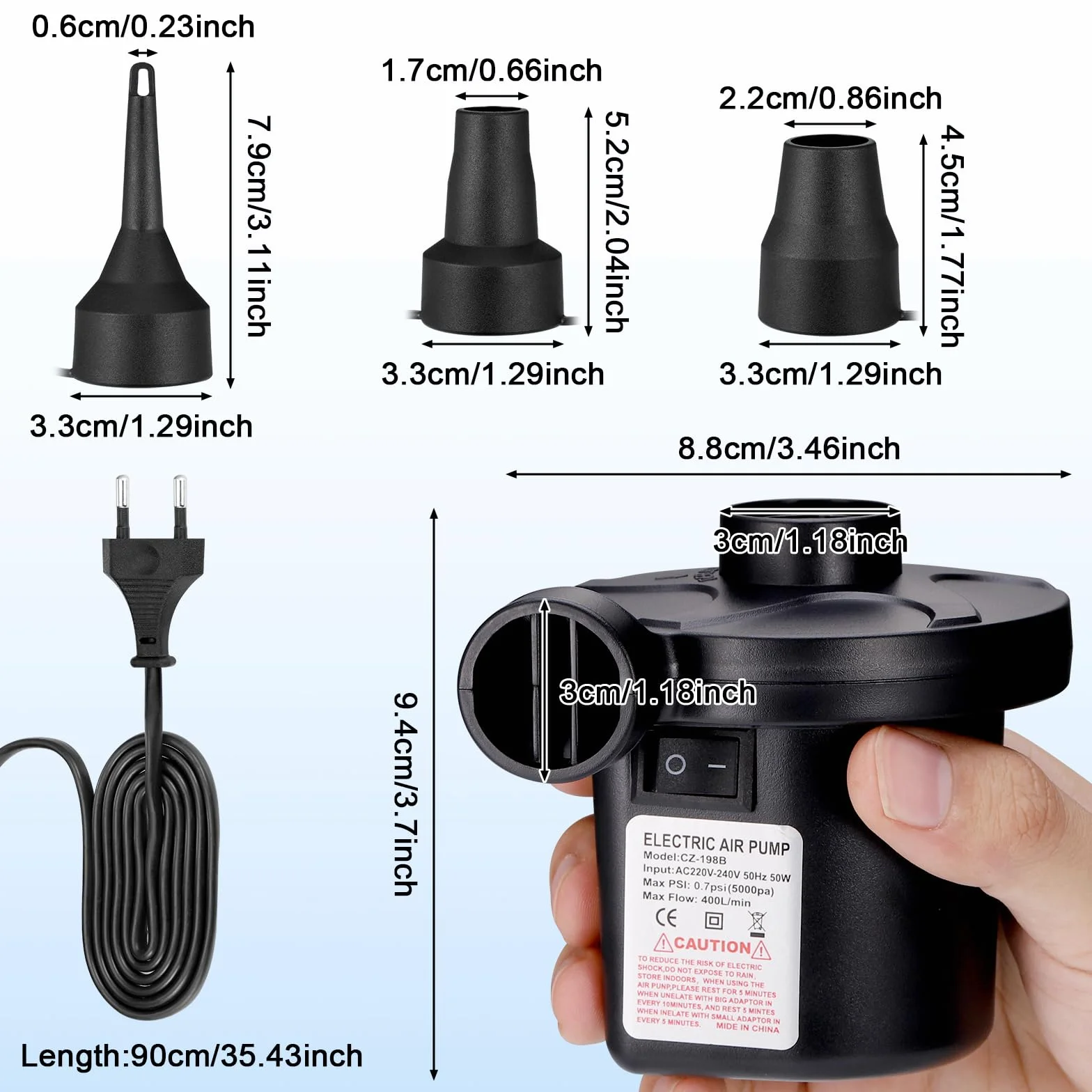 JIZZU Inflador Eléctrico Portátil 2 en 1 con 3 Boquillas para Colchones Hinchables