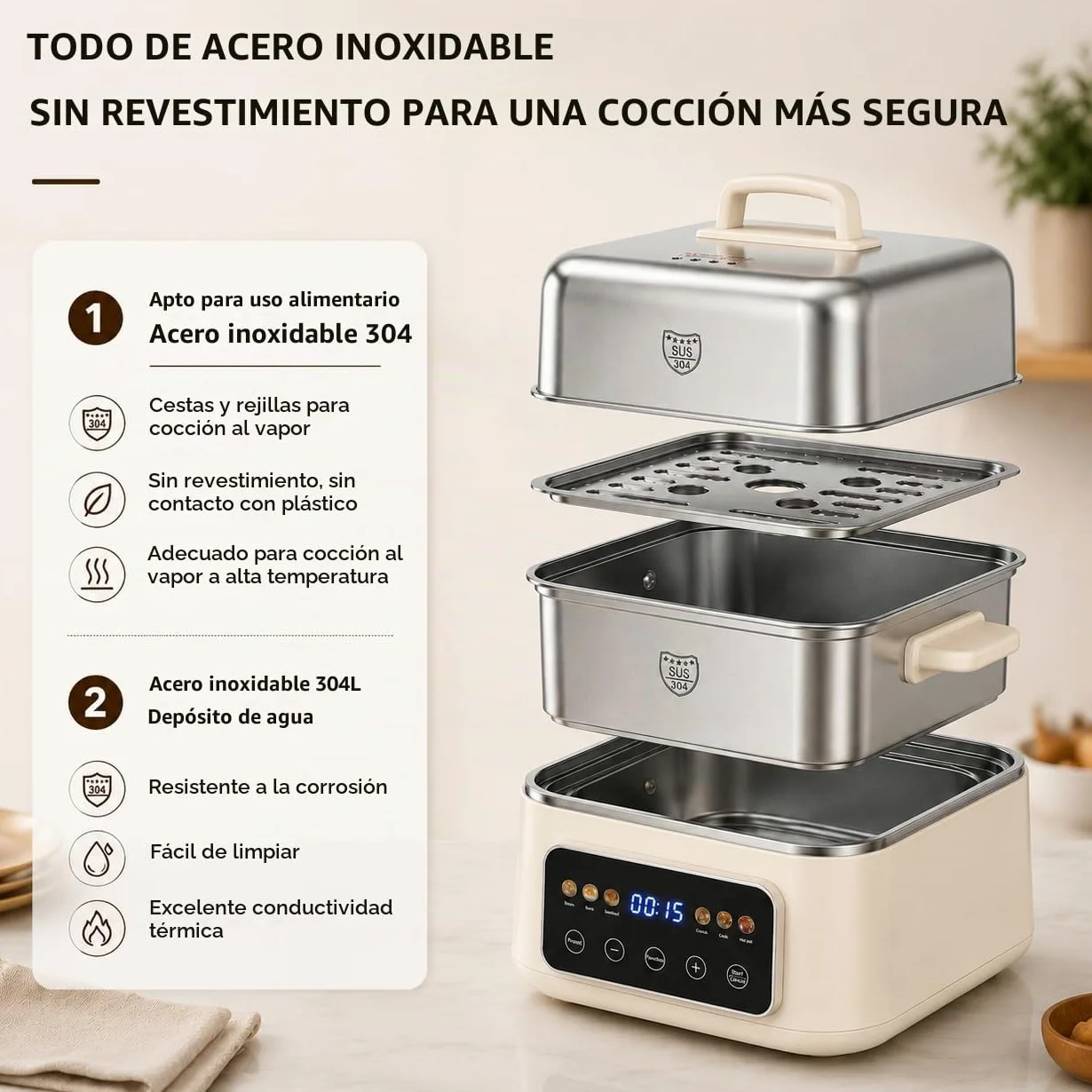 Fulgutonit 12.5L Vaporera Eléctrica de Acero Inoxidable 304 | 2 Niveles, 6 Programas Inteligentes, Temporizador de 24 Horas, Vaporera y Hot Pot 2 en 1, Cocina Multifunción
