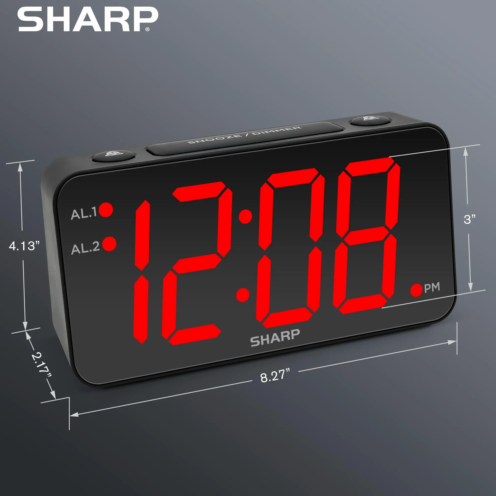Sharp Reloj Despertador Digital con números Gigantes, fácil de Ver, Grande en Cualquier Lugar, operación Simple, batería de Respaldo, Caja Negra, Pantalla LED roja