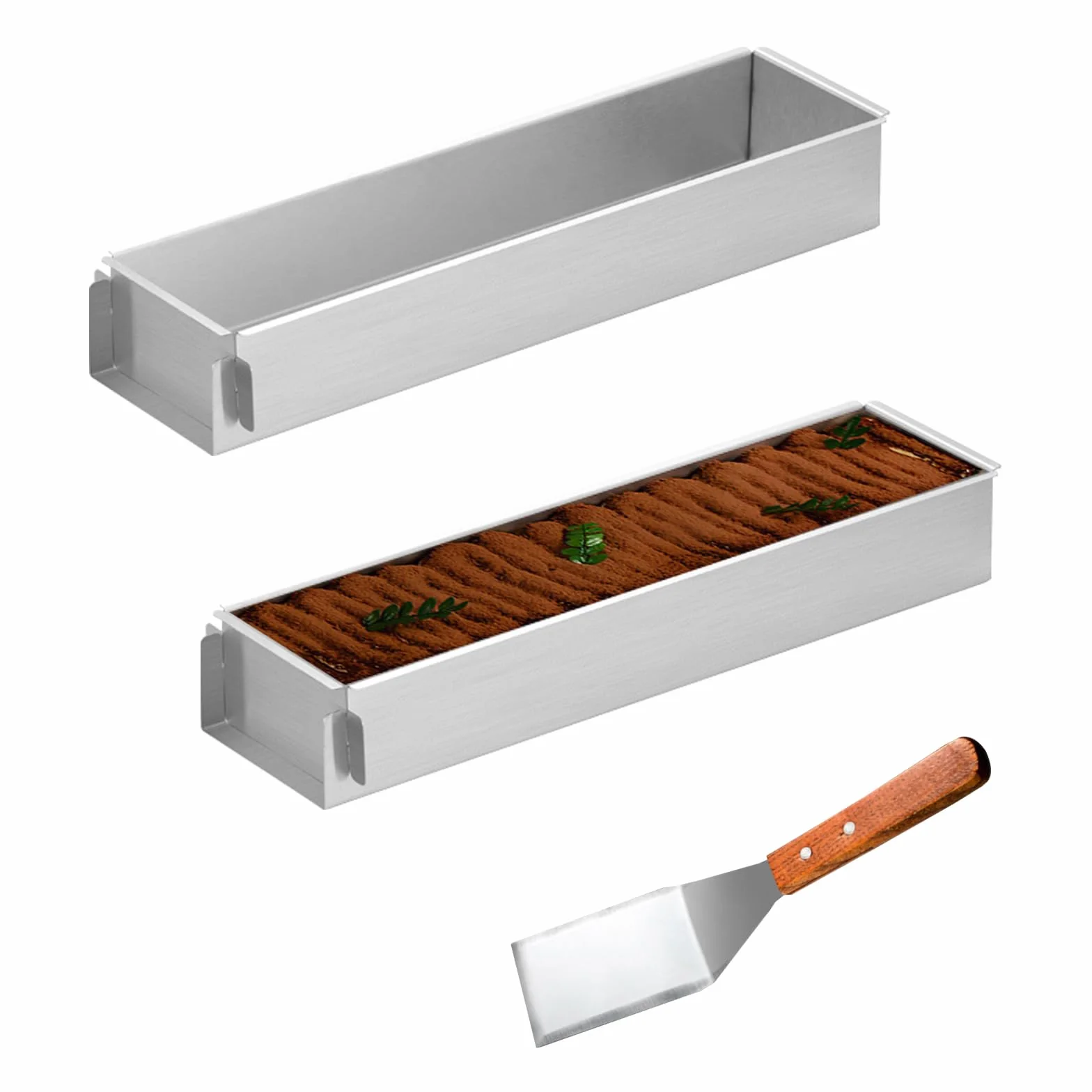 2 Piezas Molde Tarta Rectangular, Molde Mousse Ajustable Forma de Tiramisú Antiadherente con Parte Lateral Extraíble, Moldes de Aleación de Aluminio para Pasteles, Brownie, Pan y Tiramisú (40cm)