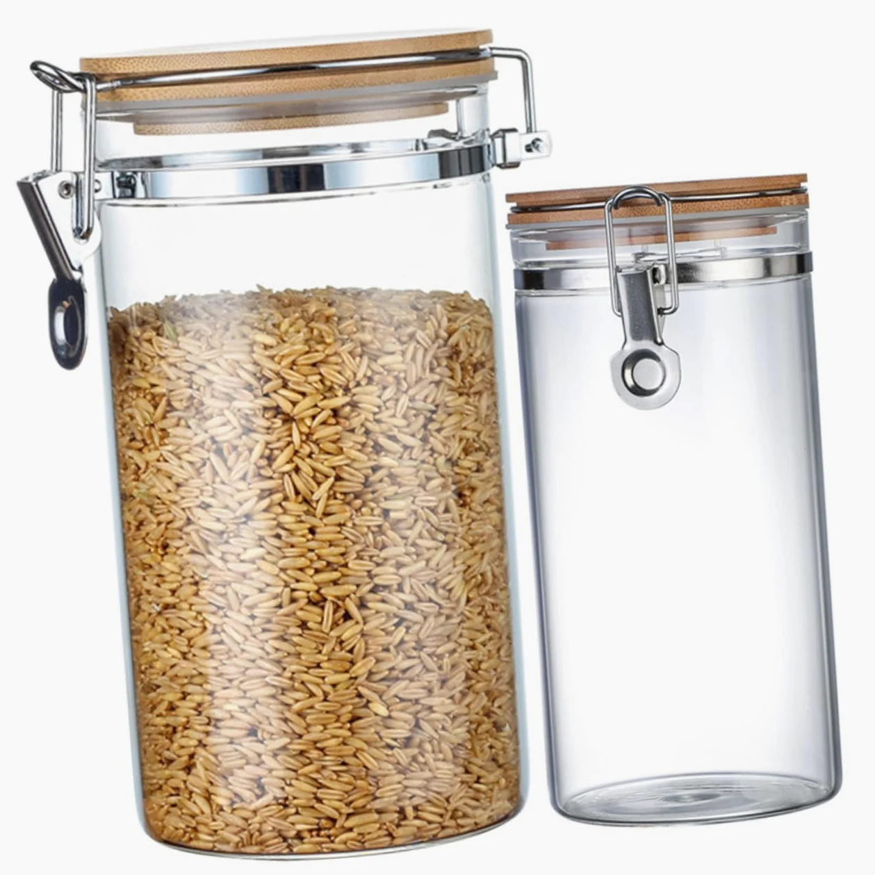 Juego de 2 Tarros Herméticos de Vidrio Tapa Sellada y Diseño Transparente para Almacenar Arroz y Granos en Cocina