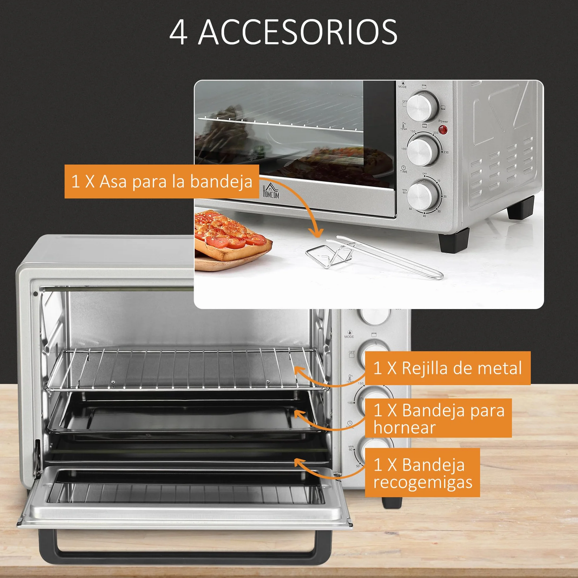 HOMCOM Horno Eléctrico de Sobremesa Mini Horno Tostador de 32L 1600W con 3 Modos de Calor Temporizador 60 Min y Temperatura Regulable hasta 230℃ Plata
