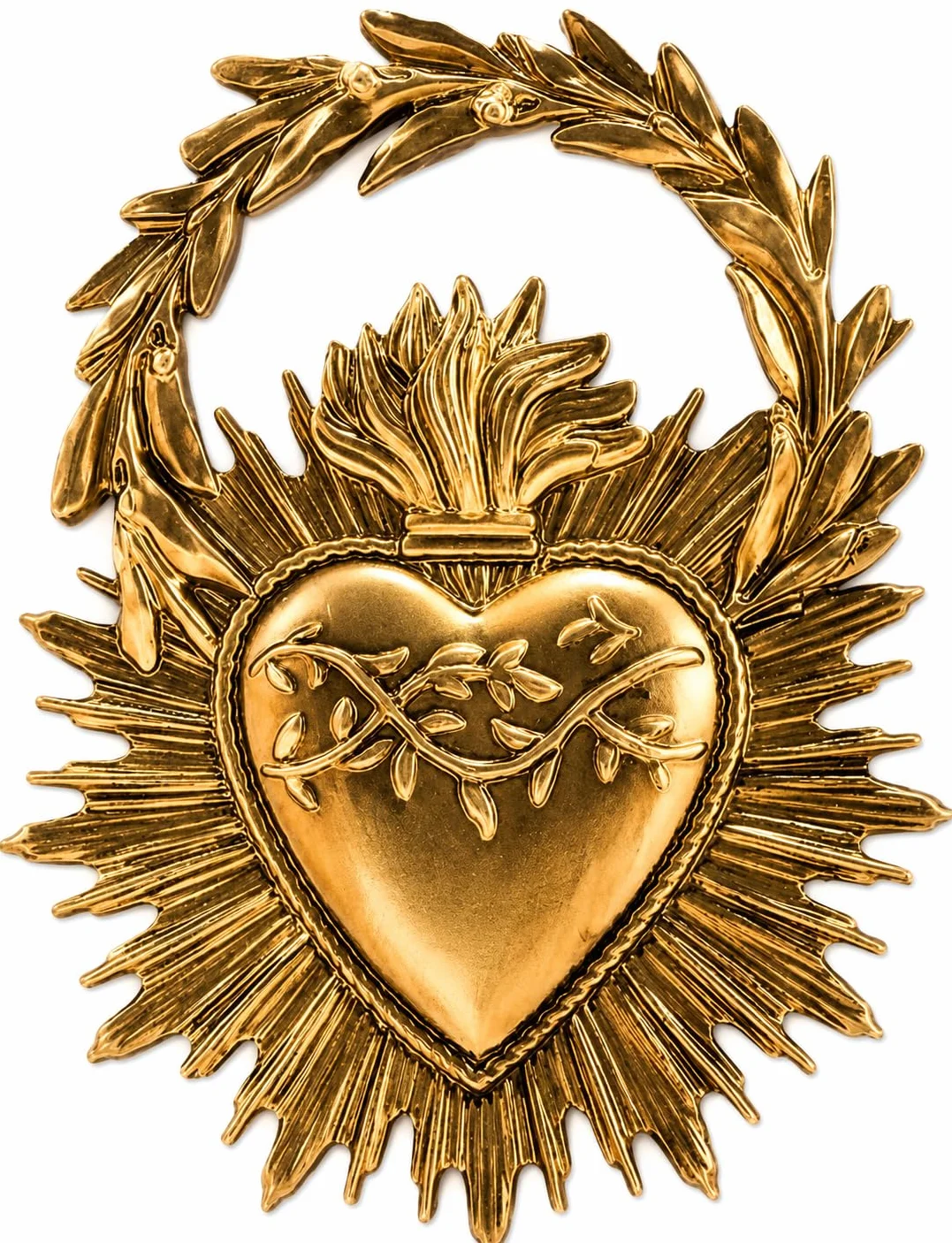 Genérico Ex-Voto Sagrado Corazón Decorativo, Corona de Laurel Dorada, Hermosa Fabricación Tamaño: 11,4 cm x 8,9 cm, Perfecto para coleccionistas de Ex-Votos