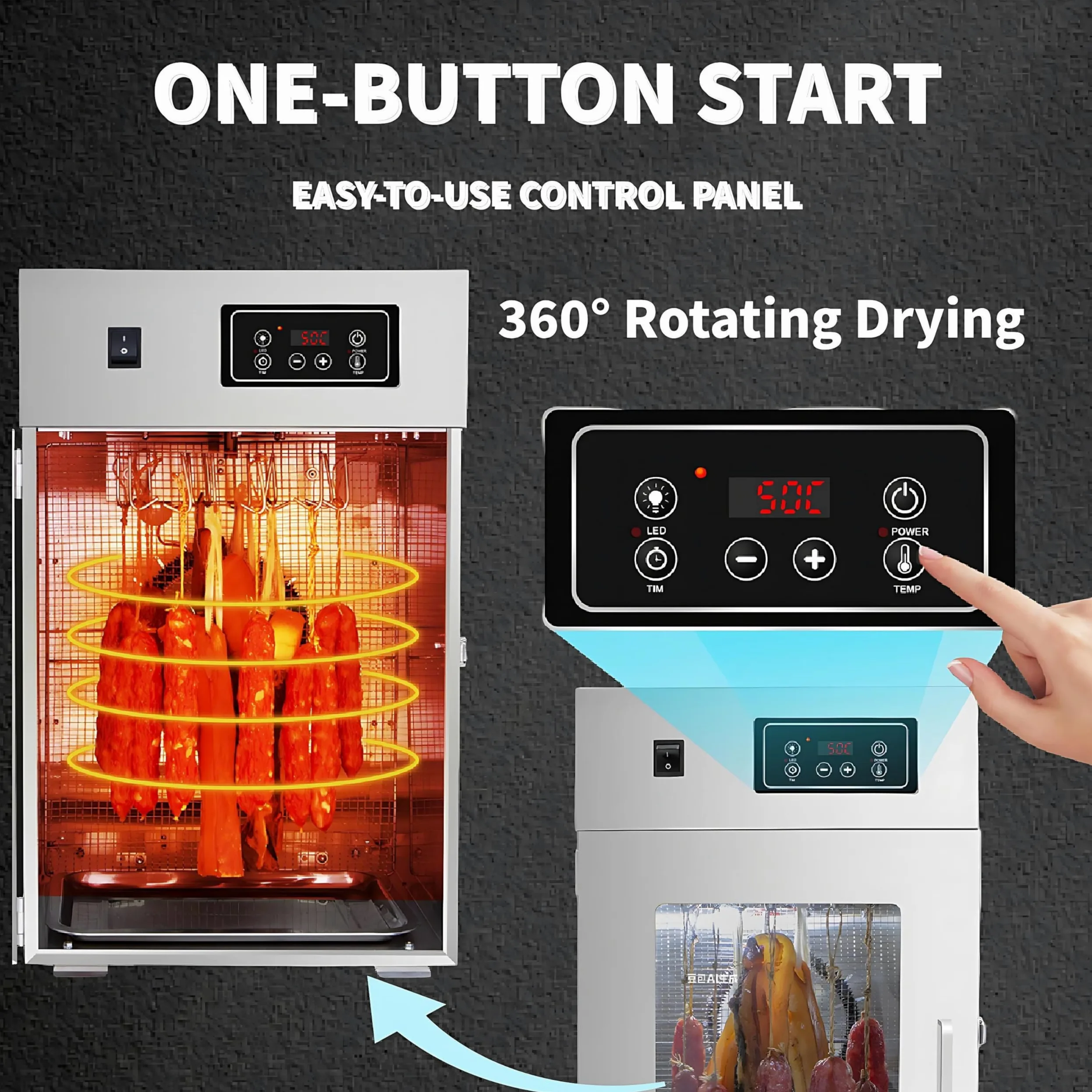 Caja de secado Biltong de acero inoxidable, deshidratador de alimentos y armario de secado de 800 W, deshidratador de alimentos grande con 14 ganchos para colgar, control inteligente LED para secar