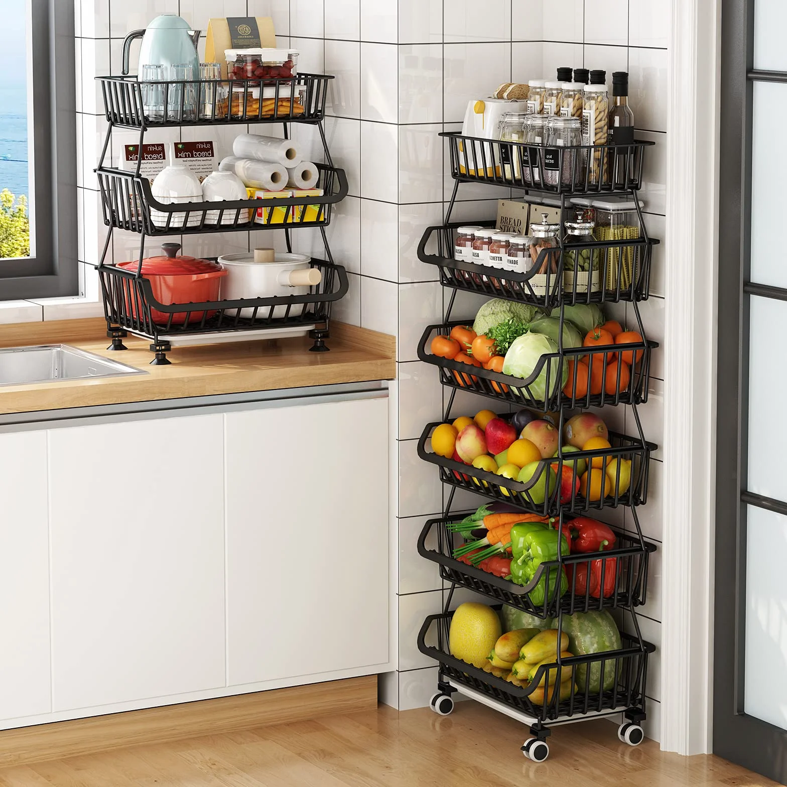 Cestas de Alambre de Metal con Ruedas, contenedores de Almacenamiento apilables, Estante Organizador de Cocina, 3-4-5-6 Niveles, Carrito de Frutas y Verduras, Platos, estantes de Temporada