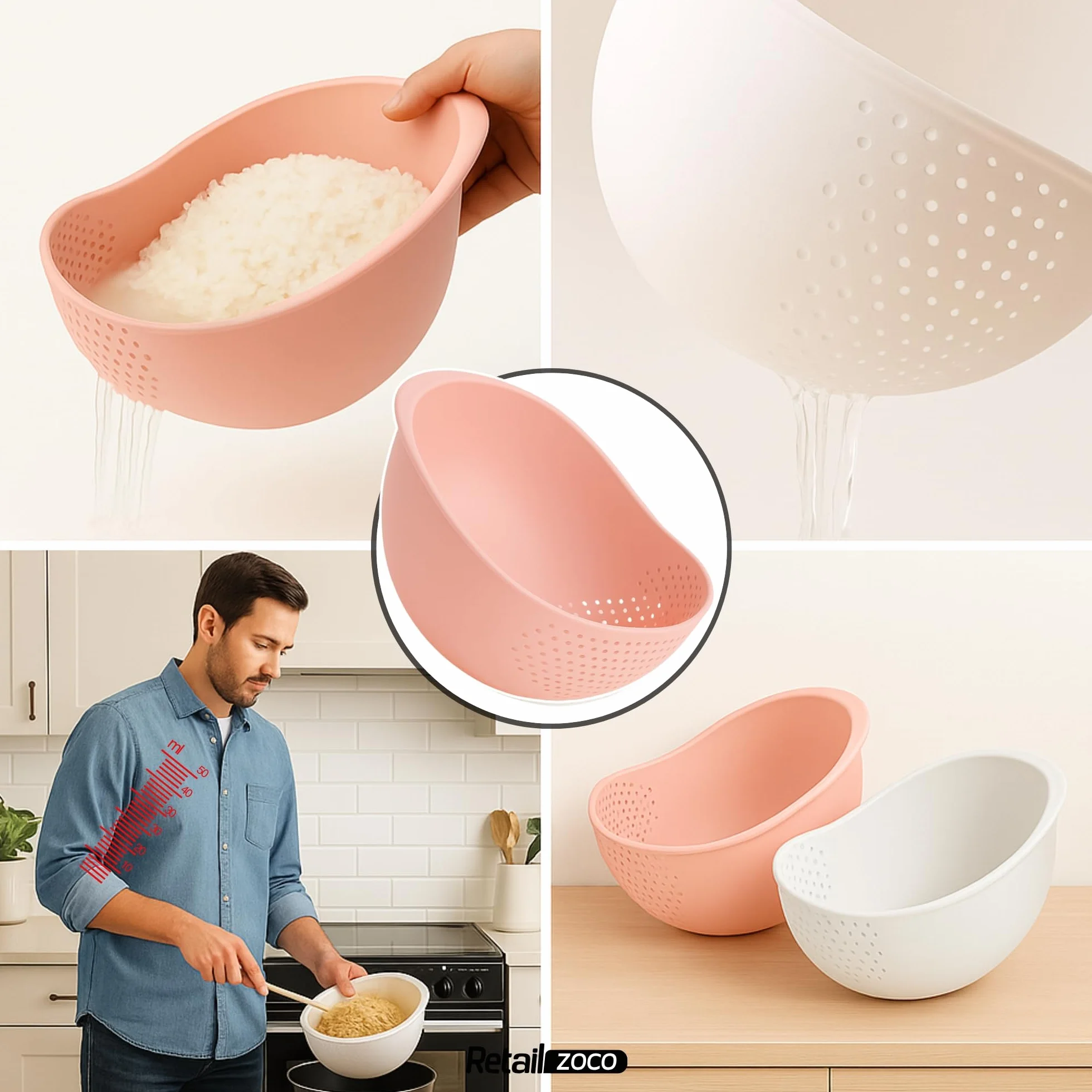 CHEFZOCO Escurridor de plástico, colador de cocina, Colador multiusos, escurridor para arroz, Tamiz alimentos, Colador para frutas y verduras, Cesta escurridora, Capacidad 1 Litro, Plástico, Rosa