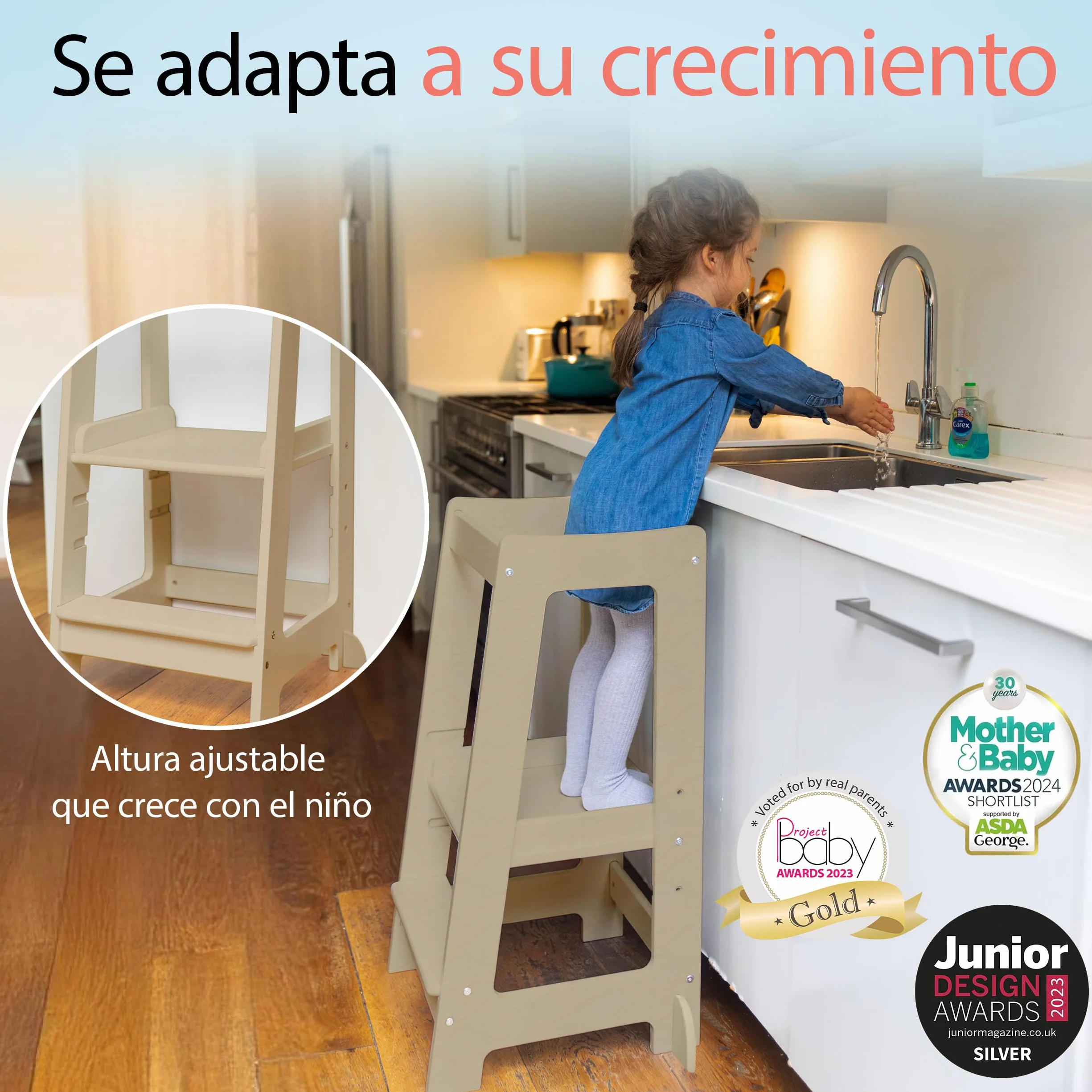 Stepup Baby Torre de Aprendizaje Montessori Taburete Infantil Madera Altura Ajustable Barra Seguridad para Niños 18 Meses a 5 Años